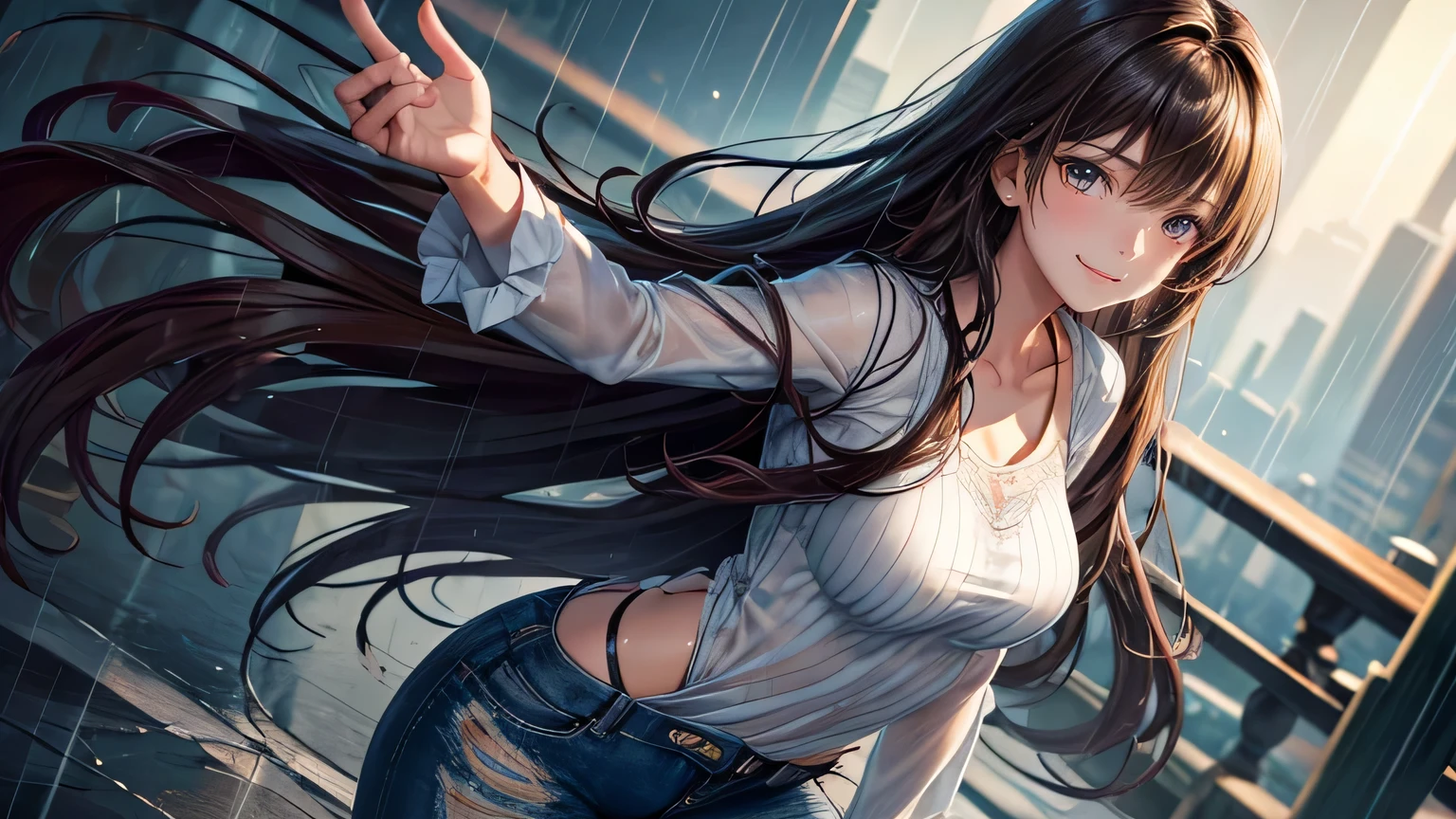 A gentle smile、woman、Beautiful long brown hair,Fashionable hairstyle,Stylish cute clothes,Ripped jeans,Clothes that are wet from the rain and slightly transparent,Wet Hair,rain,Weather,Ultra-high resolution, Accurate, Super detailed, Textured skin, High detail, highest quality, 8k, Detailed Hair,Detailed eyes,Focus on the face,Depict the figure from the waist up,
