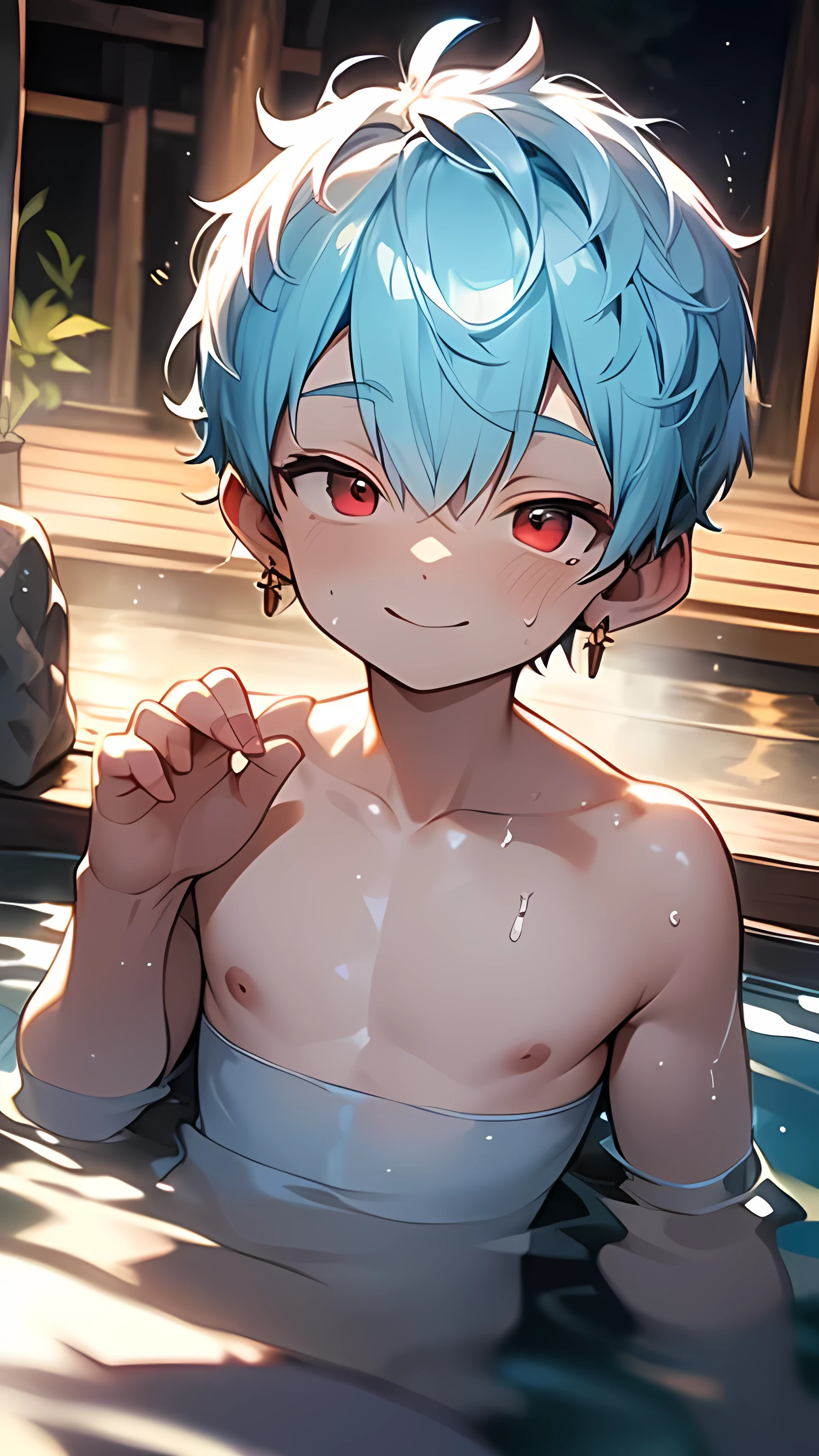 (boldline:-1.6), (onsen:2), (raising arms:1.7), (raising legs:1.7), (in hot springs:2), (raising arms:1.5), (best quality:1.5), (absolutely resolution:1.5), (ultra detailed:1.5), (masterpiece:1.5), (perfect face:1.5), (detailed face:1.5), (detailed eyes:1.5), (cute face), (shota:1.9), (topless:1.5), (arched back:1.3), (skinny:1.3), (towel on head:1.5), (Japanese sake:1.5), (spiked hair), BREAK (light blue hair:1.5), (wine red eyes:1.4), (half closed eyes:1.5), (eyes with high light), ((mole under eye)), (sweaty skin), BREAK (nature), (stone onsen), (relaxing:1.5), (smiling:1.3), ((earrings)), (shiny skin:1.3), BREAK (at twilight), (sunset), (wind blowing), (nipple), (abs), ((groin)), upper body, from above,