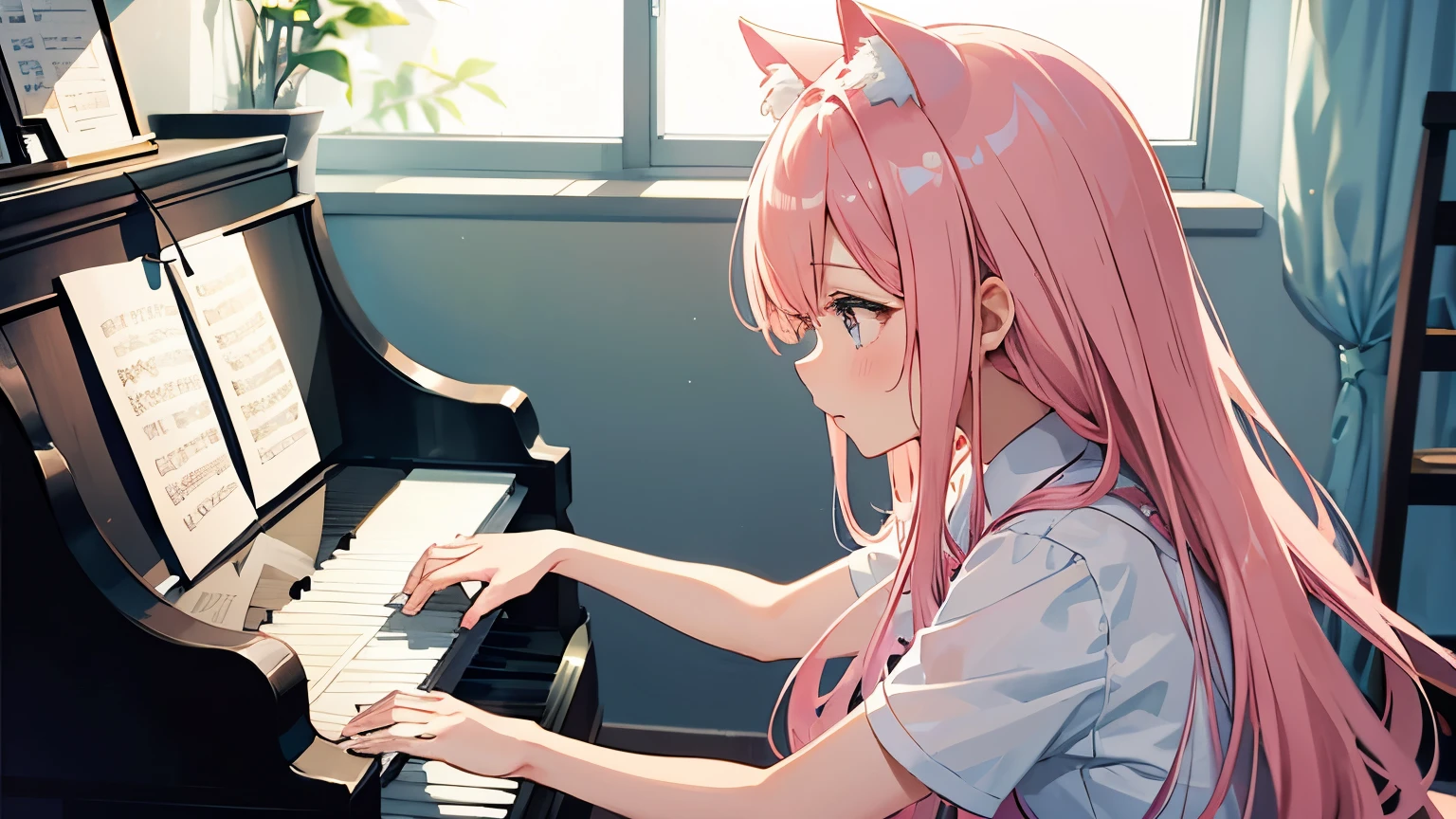 picture a scene of a girl playing the piano with stars in the sky. Anime, pink hair, cat ears. That's her charm.
