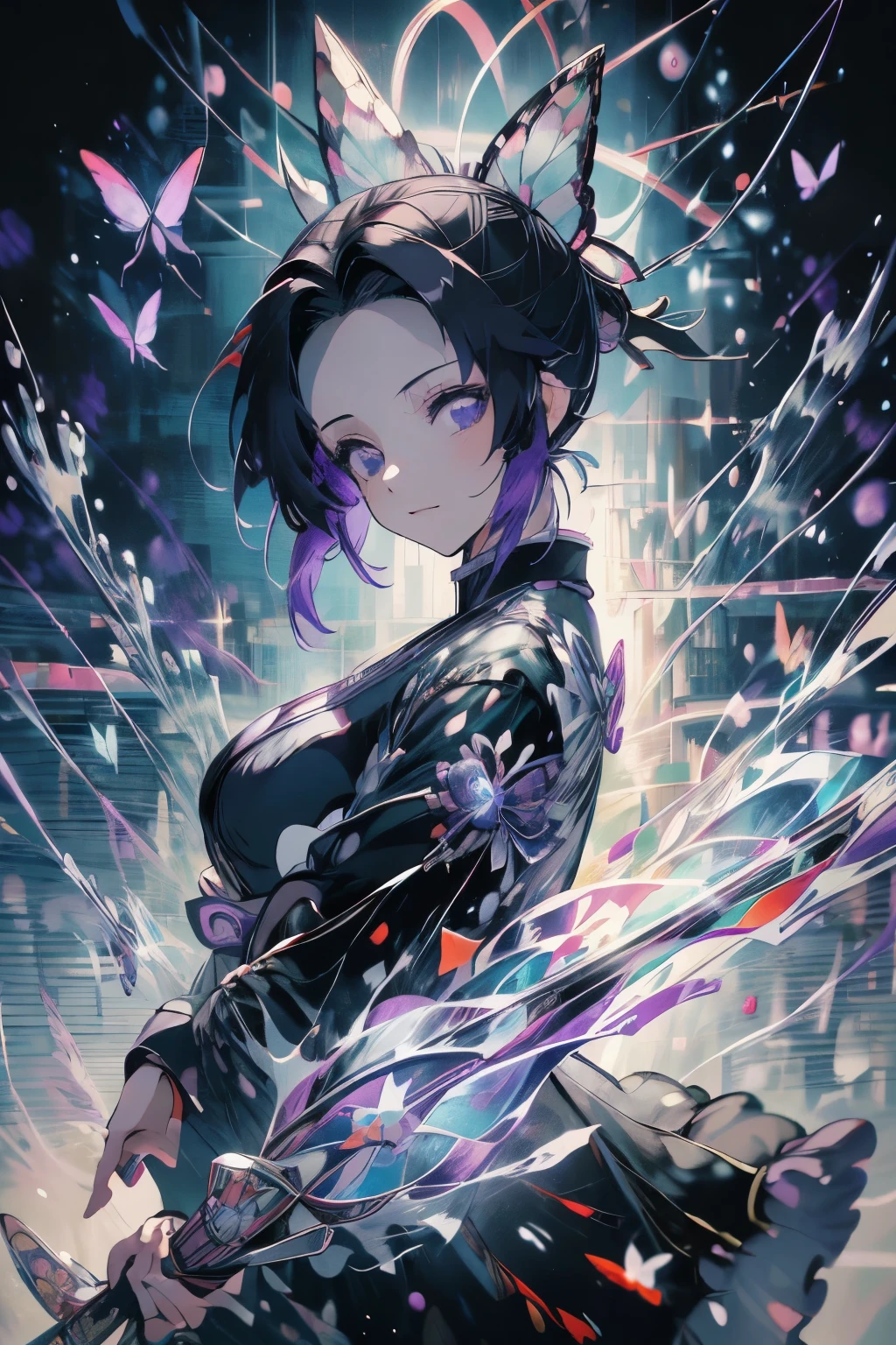 anime, Demon slayer, Shinobu Kocho, Black hair with purple tips, Purple Eyes, Black clothes, Black trousers, Wearing white clothes, night, Colorful neon butterflies flying in the background, Black and purple Japanese sword, (((masterpiece:1.4))), (highest quality:1.4), (Ultra-high resolution:1.4), (best quality:1.2), (ultra detail:1.3), Realistic:1.1