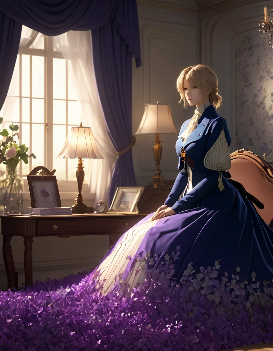 masterpiece, highest quality, (Highly detailed CG synthesis 8k wallpaper), (highest quality), (Best illustrations), (Best Shadow), (Stable Diffusion Model), Violet Evergarden, Sparkling, beautiful, victorian style bedroom, Dynamic Lighting, Depth of written boundary