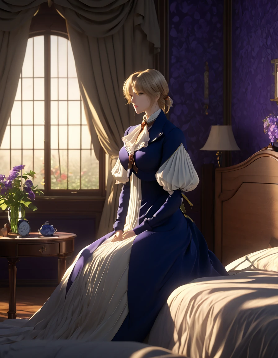 masterpiece, highest quality, (Highly detailed CG synthesis 8k wallpaper), (highest quality), (Best illustrations), (Best Shadow), (Stable Diffusion Model), Violet Evergarden, Sparkling, beautiful, victorian style bedroom, Dynamic Lighting, Depth of written boundary