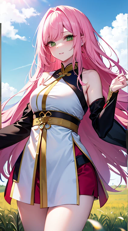 pink hair,green eyes,long hair,prairie background,red hanfu,,beautiful woman,,medium breasts,Wang Zhaojun《romance of three kingdo》medium breasts,