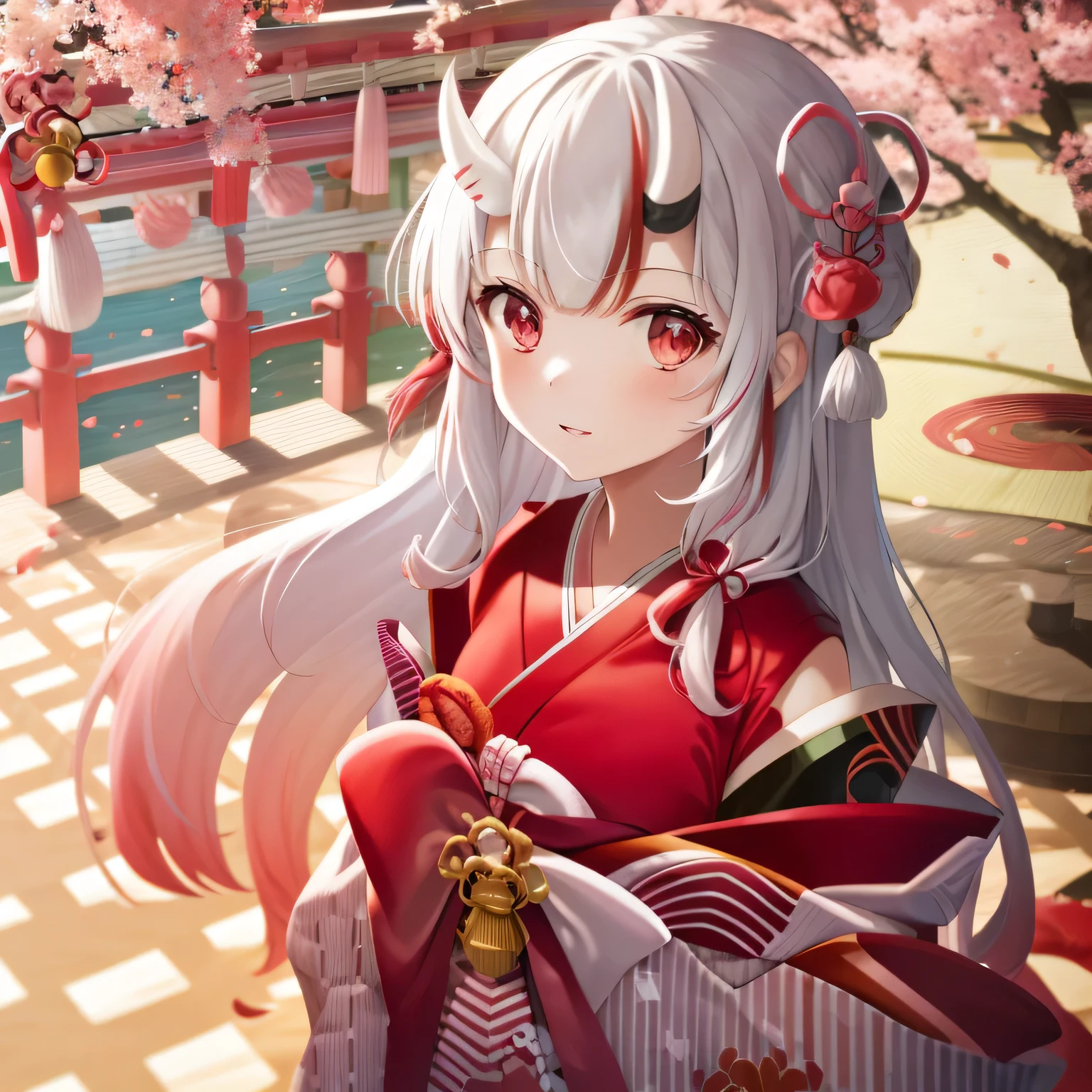 Red and white kimono, Cherry blossoms, falling petals, temple shrine background, Day time setting, alone, 1 girl, Individual individuals, looking at the audience, white hair, pink eyes, them trumpet, them_trumpet, Japanese cartoons_them_trumpet, Oiran