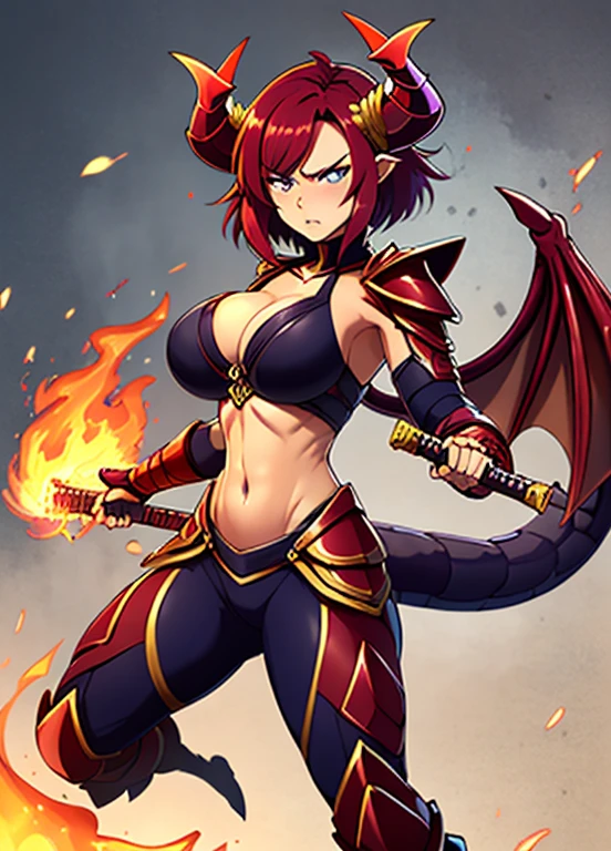 a mystical warrior woman with short red hair, piercing blue eyes, and red dragon-like horns, wings, and tail, wearing intricate dark purple armor with gold plating, wielding a flaming sword and emanating powerful fire magic, disappointed look, dragon tattoo on her stomach, exposed stomach, purple clothes, dragon tattoo, fully covered breast, armor on breast, 