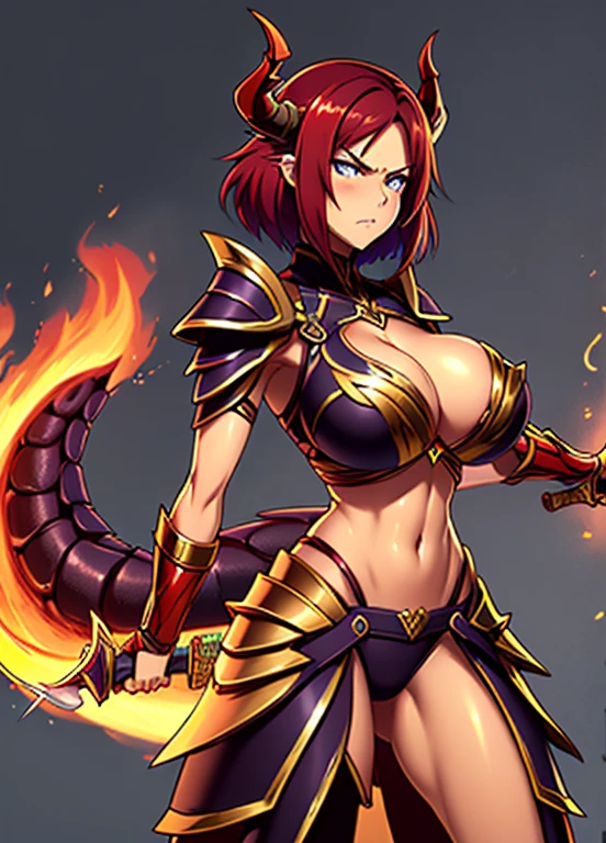 a mystical warrior woman with short red hair, piercing blue eyes, and red dragon-like horns, wings, and tail, wearing intricate dark purple armor with gold plating, wielding a flaming sword and emanating powerful fire magic, disappointed look, dragon tattoo on her stomach, exposed stomach, purple clothes, dragon tattoo, fully covered breast, armor on breast, 