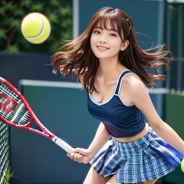 Photo-realistic quality、20Year-old idol playing tennis, A girl playing tennis, Tennis Wear, She is wearing a white top and a grey checked skort、Beautiful Japanese Women, Japanese Model, Detailed and beautiful eyes、Cute Smile、Soft and gentle expression、looking at the camera