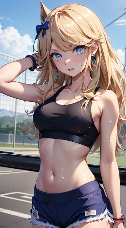 top-quality、Top image quality、masterpiece、gold city \(umamusume\)、girl with((18year old、Sportswear、Black Sports Bra、blue short pants、Best Bust、Bust 85、a blond、Longhaire、Blue eyes、open chest wide、Valley、Happiness、Black wristband on wrist、A slender、Slouched、earrings、The wind blows、Sweating、Extend your right hand))hiquality、visualart、Background with((Gymnasium))、masutepiece、