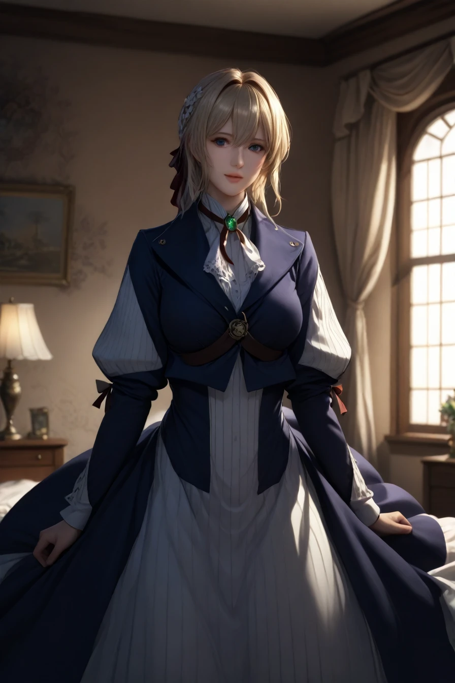 masterpiece, highest quality, (Highly detailed CG synthesis 8k wallpaper), (highest quality), (Best illustrations), (Best Shadow), (Stable Diffusion Model), Violet Evergarden, Sparkling, beautiful, smile, victorian style bedroom, Dynamic Lighting, Depth of written boundary