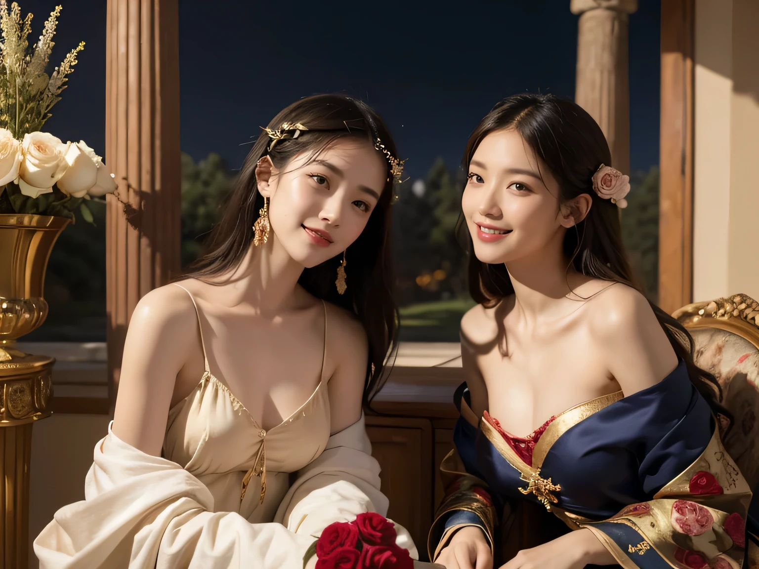 Giorgione painting style,Arguments of two female Philosophe,math、astronomical machine、astronaut、roses in vase、fruits、Cute trinkets、smile、ancient greek costume、Background is a forest lake at night 、Clothes that stretch your shoulders、A big smile、beautiful bare skin、A detailed representation of the seducing woman throughout her body.