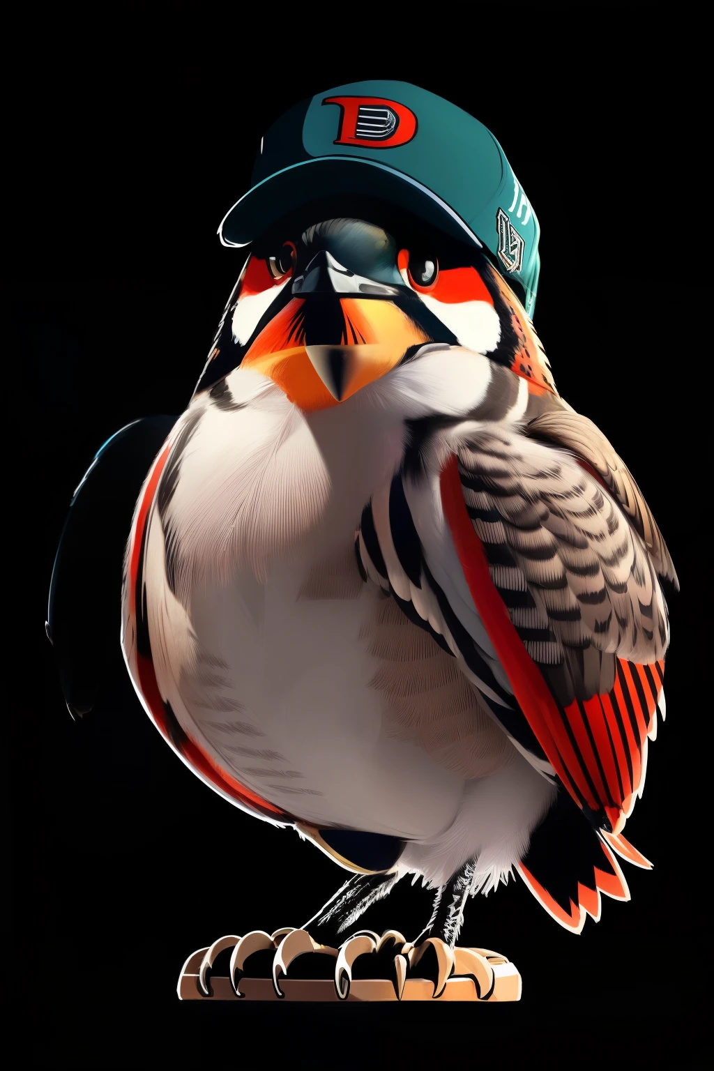 a woodpecker looking directly at the viewer, wearing a baseball cap, extremely detailed feathers, caricature style, (best quality,8k,highres,masterpiece:1.2),ultra-detailed,(realistic,photorealistic,photo-realistic:1.37),dramatic lighting,vivid colors,wildlife,portrait,animal,bird,nature cuerpo parado en una rama , plumaje rojo y negro