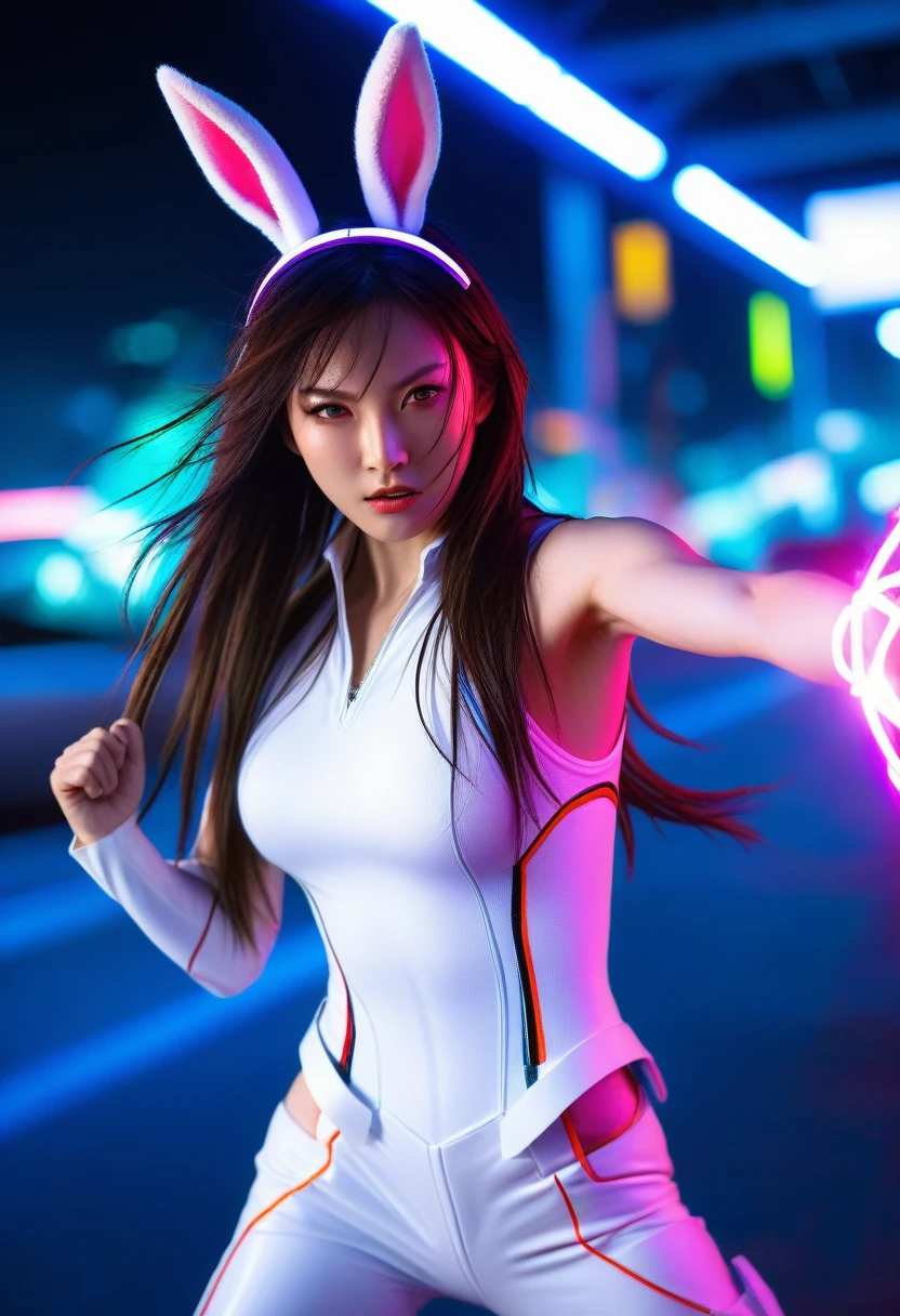 beautiful japanese girl, powerful fighter with rabbit ears, action pose, long hair, windy, fight pose, outdoor, detailed facial features, long eyelashes, intense gaze, white clothes, long pants, superhero, wearing a sleek bodysuit, cyberpunk style, neon lighting, fun happy atmosphere, dramatic pose, 8k, hyperdetailed, photorealistic, cinematic lighting, vibrant colors