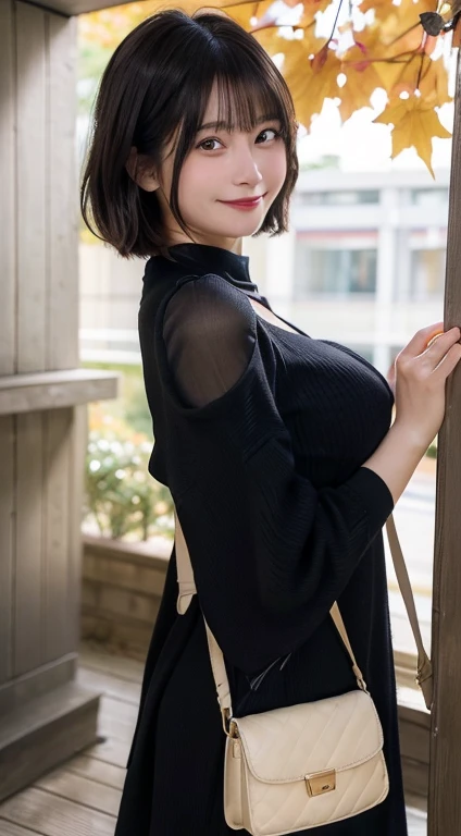 (top-quality,masterpiece:1.3,超A high resolution,),(ultra-detailliert,Caustics,8K),(Ultra-dense muscle,Photorealsitic:1.4,RAW shooting,),(Hang the shoulder bag diagonally from your shoulders and pinch it between your cleavage:1.2),(White knitted dress),Facing the camera,1 girl,japanes,20yr old,kawaii,A dark-haired,Shorthair,(large boob),looking happy smile,Ginkgo in autumn leaves,Looking at the camera,(facing front:1.1),natural soft light,,breasts forcus,Half shot