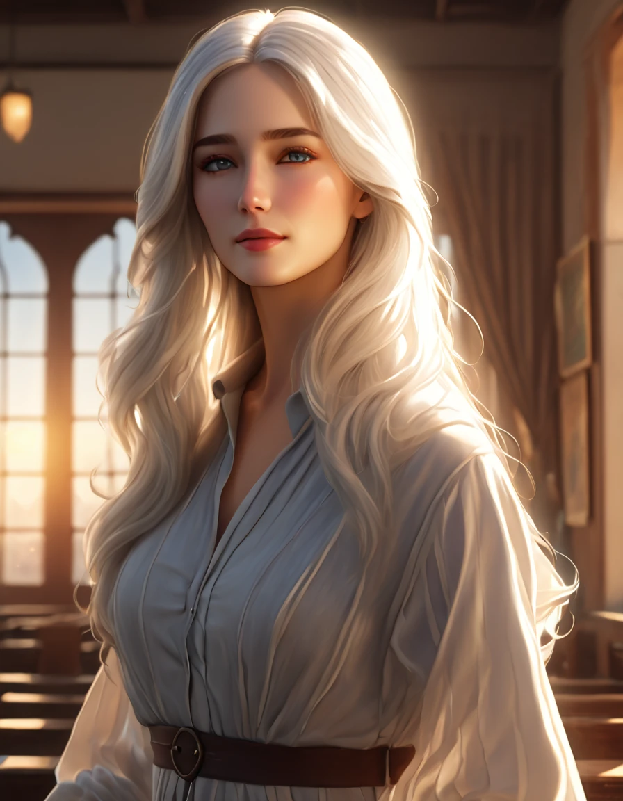 a beautiful tall white-haired woman in school, detailed face and eyes, elegant long hair, flowing dress, serene expression, sunlight streaming through windows, warm lighting, intricate architectural details, oil painting style, vibrant colors, photorealistic, cinematic composition, (best quality,4k,8k,highres,masterpiece:1.2),ultra-detailed,(realistic,photorealistic,photo-realistic:1.37)