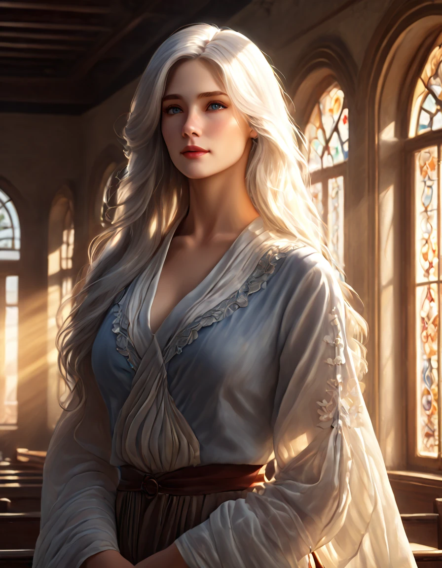 a beautiful tall white-haired woman in school, detailed face and eyes, elegant long hair, flowing dress, serene expression, sunlight streaming through windows, warm lighting, intricate architectural details, oil painting style, vibrant colors, photorealistic, cinematic composition, (best quality,4k,8k,highres,masterpiece:1.2),ultra-detailed,(realistic,photorealistic,photo-realistic:1.37)