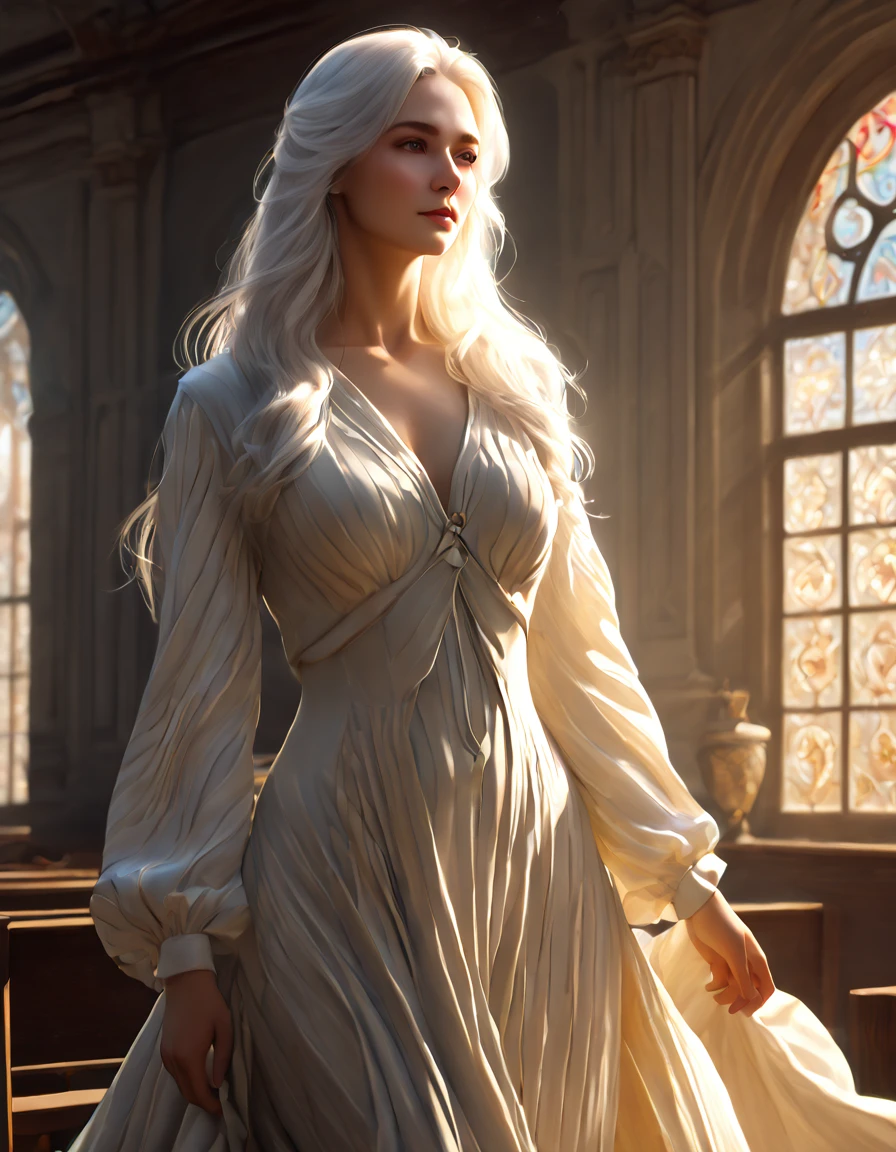 a beautiful tall white-haired woman in school, detailed face and eyes, elegant long hair, flowing dress, serene expression, sunlight streaming through windows, warm lighting, intricate architectural details, oil painting style, vibrant colors, photorealistic, cinematic composition, (best quality,4k,8k,highres,masterpiece:1.2),ultra-detailed,(realistic,photorealistic,photo-realistic:1.37)