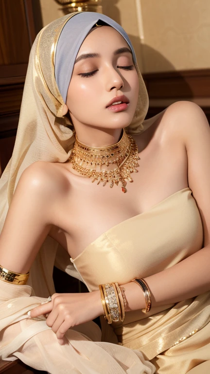 A high school girl model wearing hijab, golden indian bangle and bracelet, golden necklace, golden swiss polo watch, kissing a man, closed eyes, detailed horny face