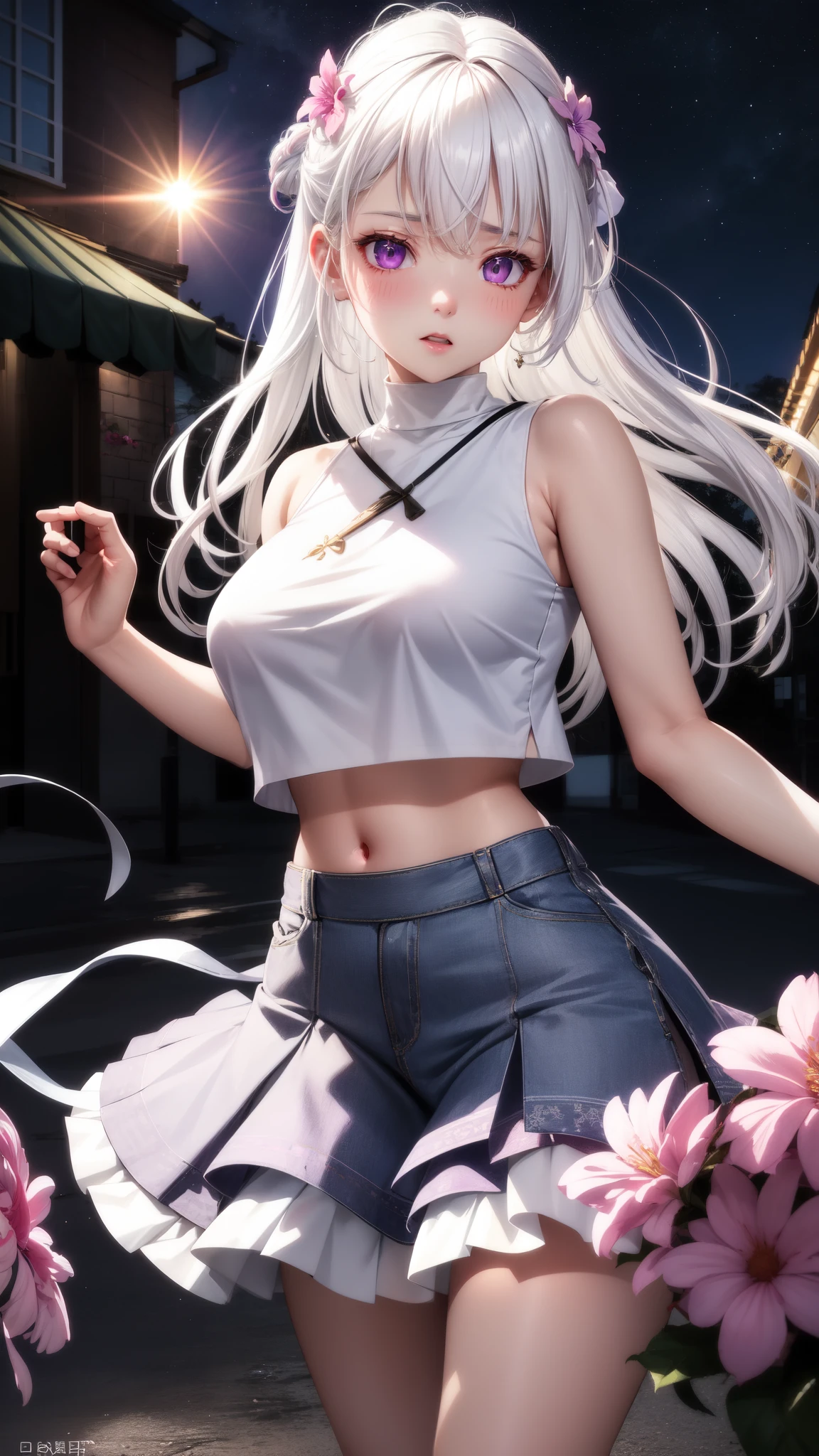 Practical, 1 Girl, white hair, Purple Eyes, Glowing eyes, Crop Top, skirt, Open your mouth, blush, night, Flowers, sun, sunlight,