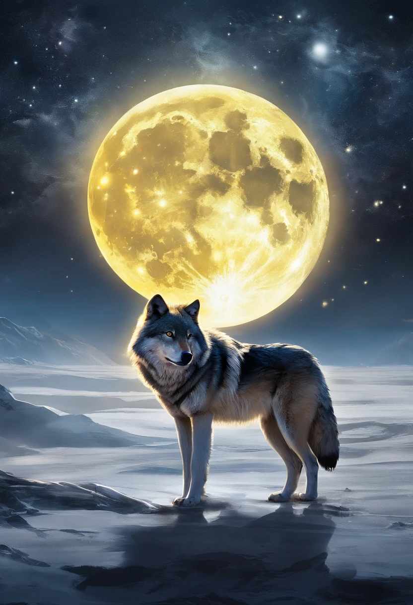 Realistic wolf in front of a full moon. The wolf has yellow eyes and golden fur.. The painting is full of stars and faint lights,The wolf had a calm expression.