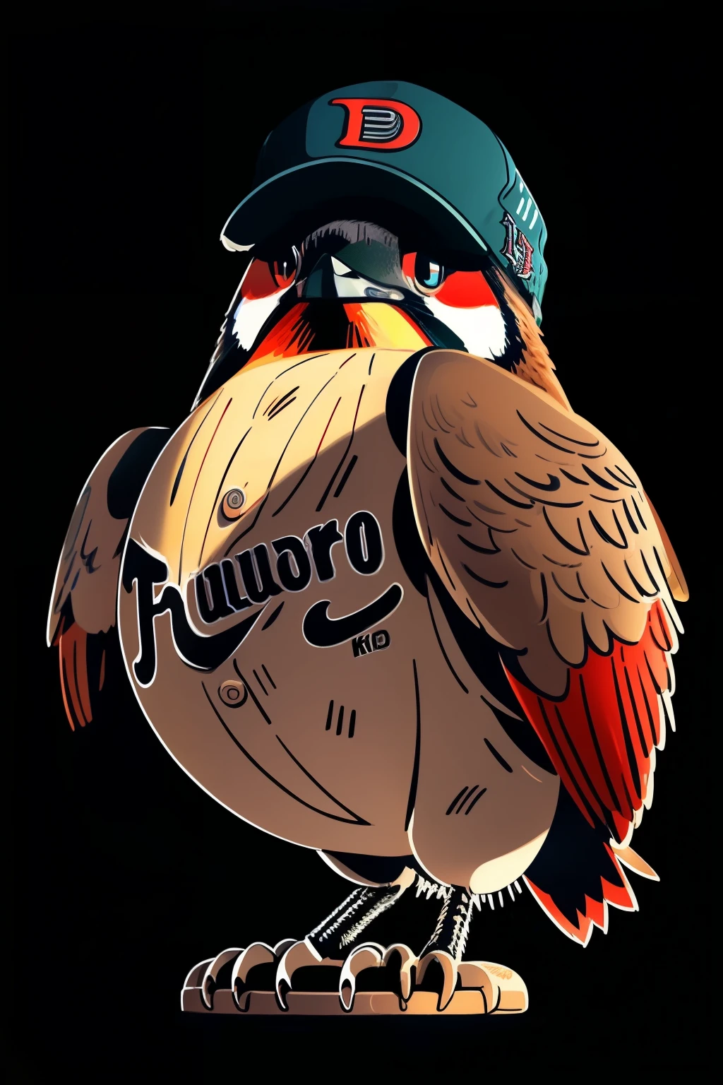 a woodpecker looking directly at the viewer, wearing a baseball cap, extremely detailed feathers, caricature style, (best quality,8k,highres,masterpiece:1.2),ultra-detailed,(realistic,photorealistic,photo-realistic:1.37),dramatic lighting,vivid colors,wildlife,portrait,animal,bird,nature cuerpo parado en una rama, bate de baisbol