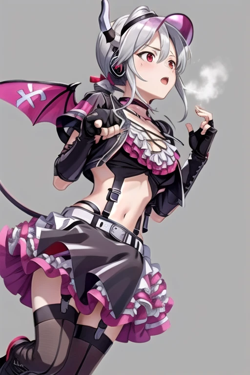 ((masterpiece)),(best quality), 1girl, solo, yowane haku, grey shirt, red eyes, very long hair, headphones, white hair, low ponytail, belt, grey hair, ribbon, large breasts, hllwngm outfit, pink visor cap, headset, black collar, pink demon wings, demon tail, demon horns, cropped jacket, open jacket, crop top, cleavage, suspenders , black detached sleeves, black fingerless gloves , pink layered miniskirt, black waist apron , brown thighhighs, black knee boots