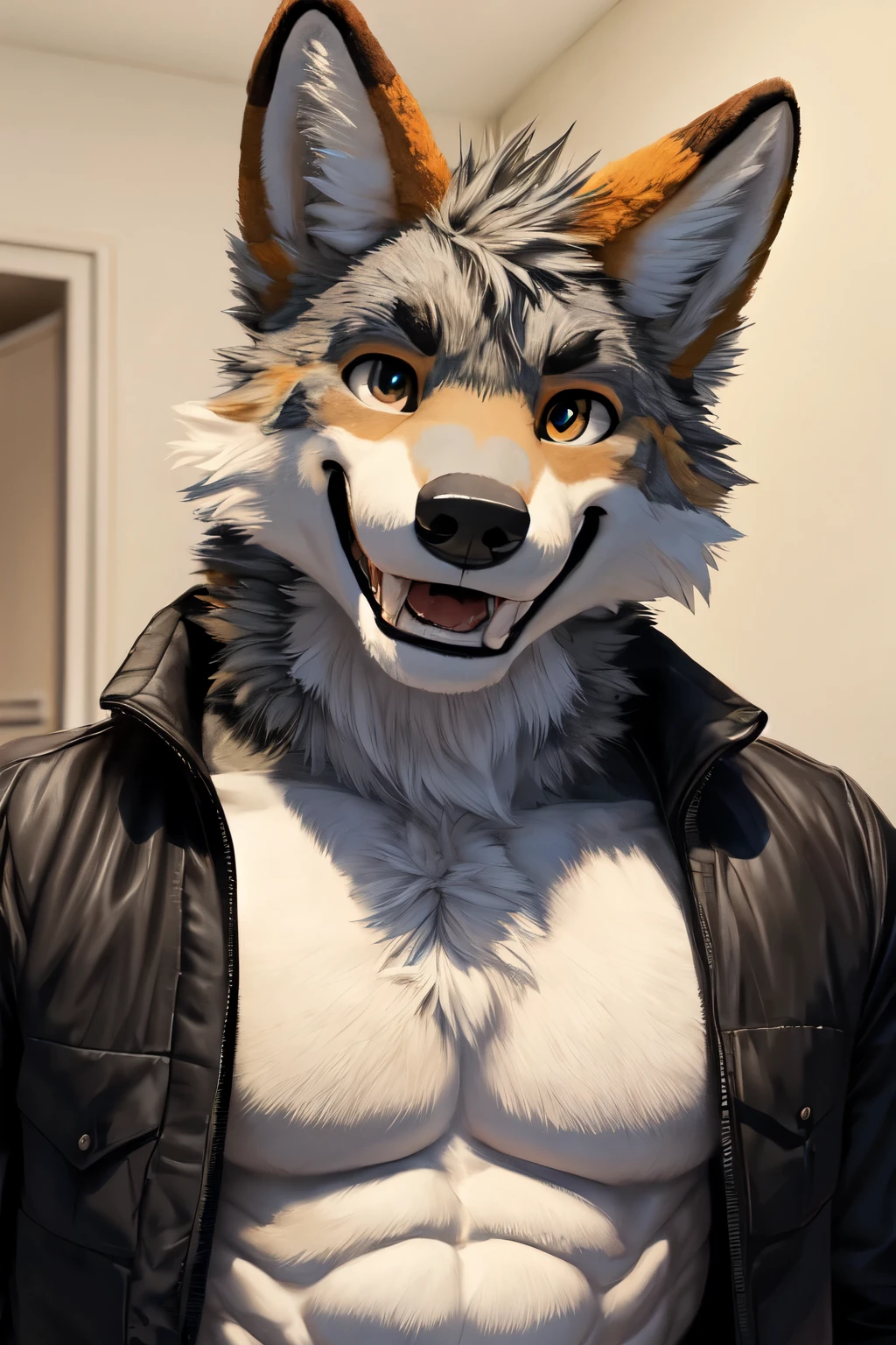 coyote fursuit, muscular, fluffy fur, shirtless, black coat jacket, smile, teeth, looking at viewer, teeth