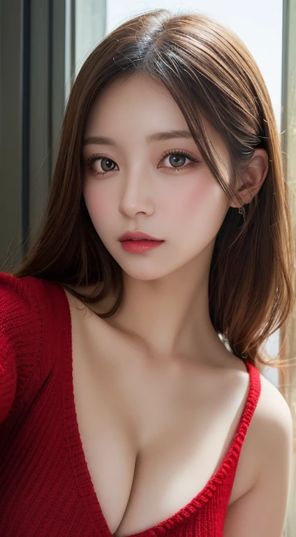 masutepiece, Best Quality, Illustration, Ultra-detailed, finedetail, hight resolution, 8K Wallpaper, Perfect dynamic composition, Beautiful detailed eyes, Natural lips, Red knitted dress , Big breasts, cleavage