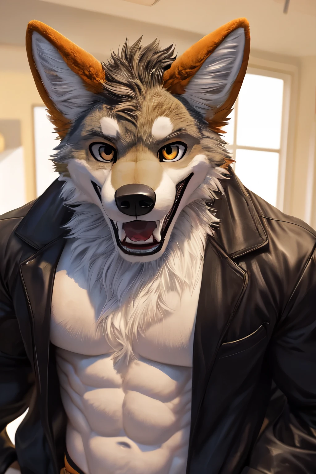 coyote fursuit, muscular, fluffy fur, shirtless, black coat jacket, smile, teeth, looking at viewer, teeth