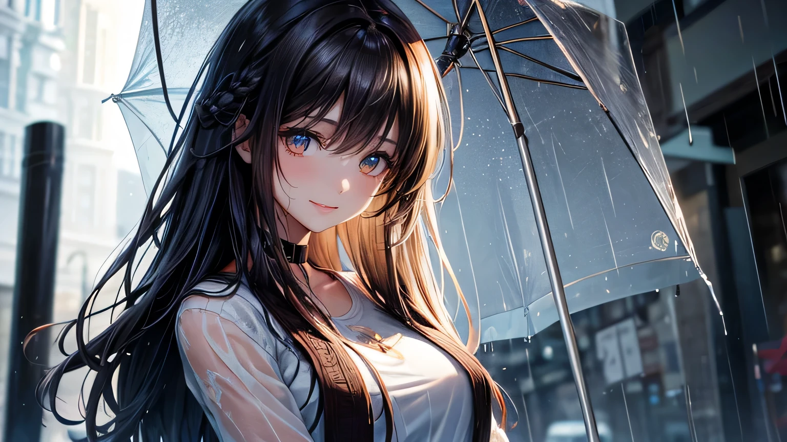 A gentle smile、woman、Beautiful long brown hair,Fashionable hairstyle,Stylish cute clothes,Ripped jeans,Clothes that are wet from the rain and slightly transparent,Wet Hair,rain,Weather,Ultra-high resolution, Accurate, Super detailed, Textured skin, High detail, highest quality, 8k, Detailed Hair,Detailed eyes,Focus on the face,Depict the figure from the waist up,