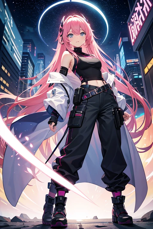 Science fiction worldview、Future City、Pink Hair、Beautiful Eyes、Beautiful Face、Medium-long hair、Half-up hairstyle、Mischievous Gaze、Sexy Tank Topini length pants、Boots below the knee