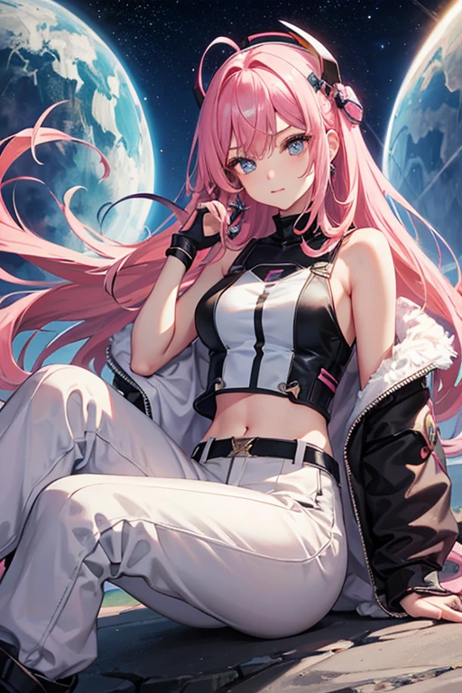 Science fiction worldview、Future City、Pink Hair、Beautiful Eyes、Beautiful Face、Medium-long hair、Half-up hairstyle、Mischievous Gaze、Sexy Tank Topini length pants、Boots below the knee