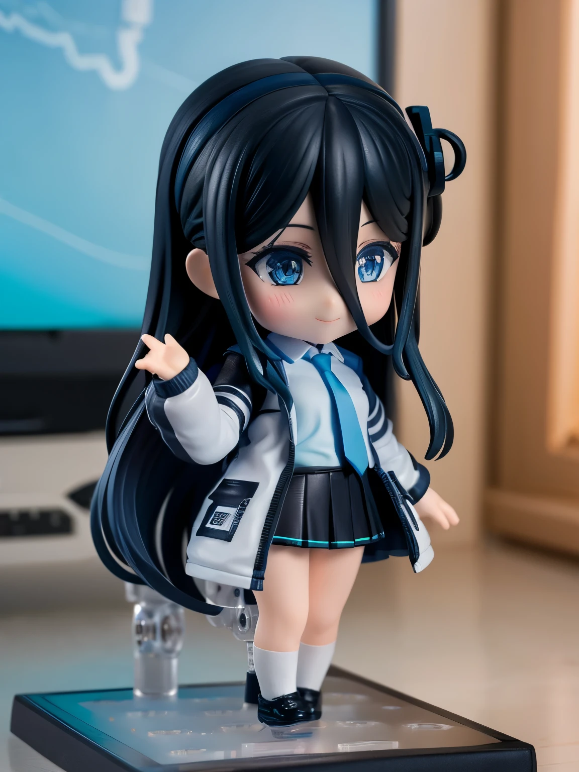 Masterpiece, hd, realistic, Alice, black hair, blue eyes, long hair, wear gaming Jacket, white collared shirt, blue necktie, standing, indoor, smile, chibi, nendoroid