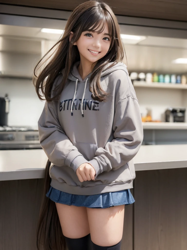(((((girl1people))))), グラビアアイドルとして活躍する最高に可愛いgirl、(Brown Hair)、(Semi-long hair), (Light grey hoodie)、(Denim micro mini skirt), (Black knee-high socks), (smile), Smiling professionally at the camera