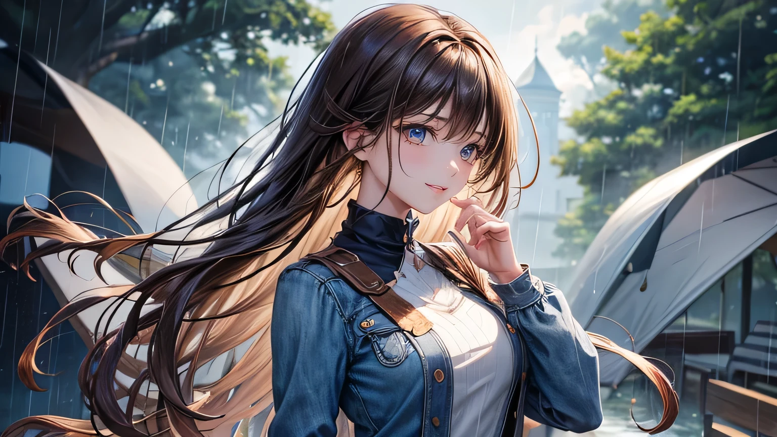 A gentle smile、woman、Beautiful long brown hair,Fashionable hairstyle,Stylish cute clothes,Ripped jeans,Clothes that are wet from the rain and slightly transparent,Wet Hair,rain,Weather,Ultra-high resolution, Accurate, Super detailed, Textured skin, High detail, highest quality, 8k, Detailed Hair,Detailed eyes,Focus on the face,Depict the figure from the waist up,