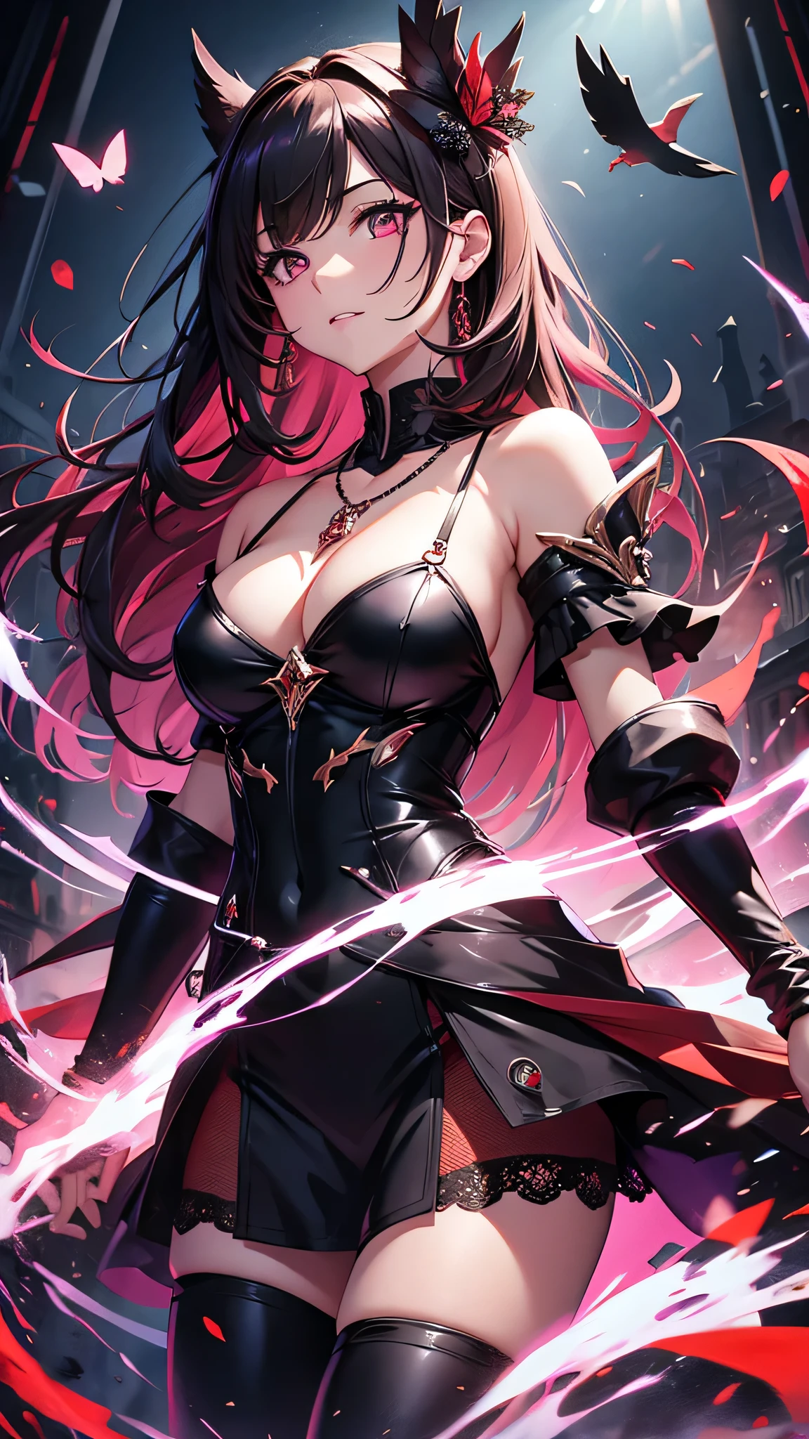 Highest quality、Highest quality、Masterpiece、girl((Metal body,Age 25、as soon as、Highest Bust、Medium Bust、Wide open chest、Red glowing eyes、Black Ear、Red Mesh、Disheveled Hair、Loincloth、thin、The best valley、Open chest、Luminous Wristbands、hair ornaments、Full body view、Black Dress、scar、cell phone、A little muscular、Ruby Necklace、))、high quality、Beautiful Art、background((night、Concert Hall、Black Bird、Black butterfly))、flight、Flying Debris、Depth of text、movie、Visual Arts、Perfect Art、8K、Genuine、