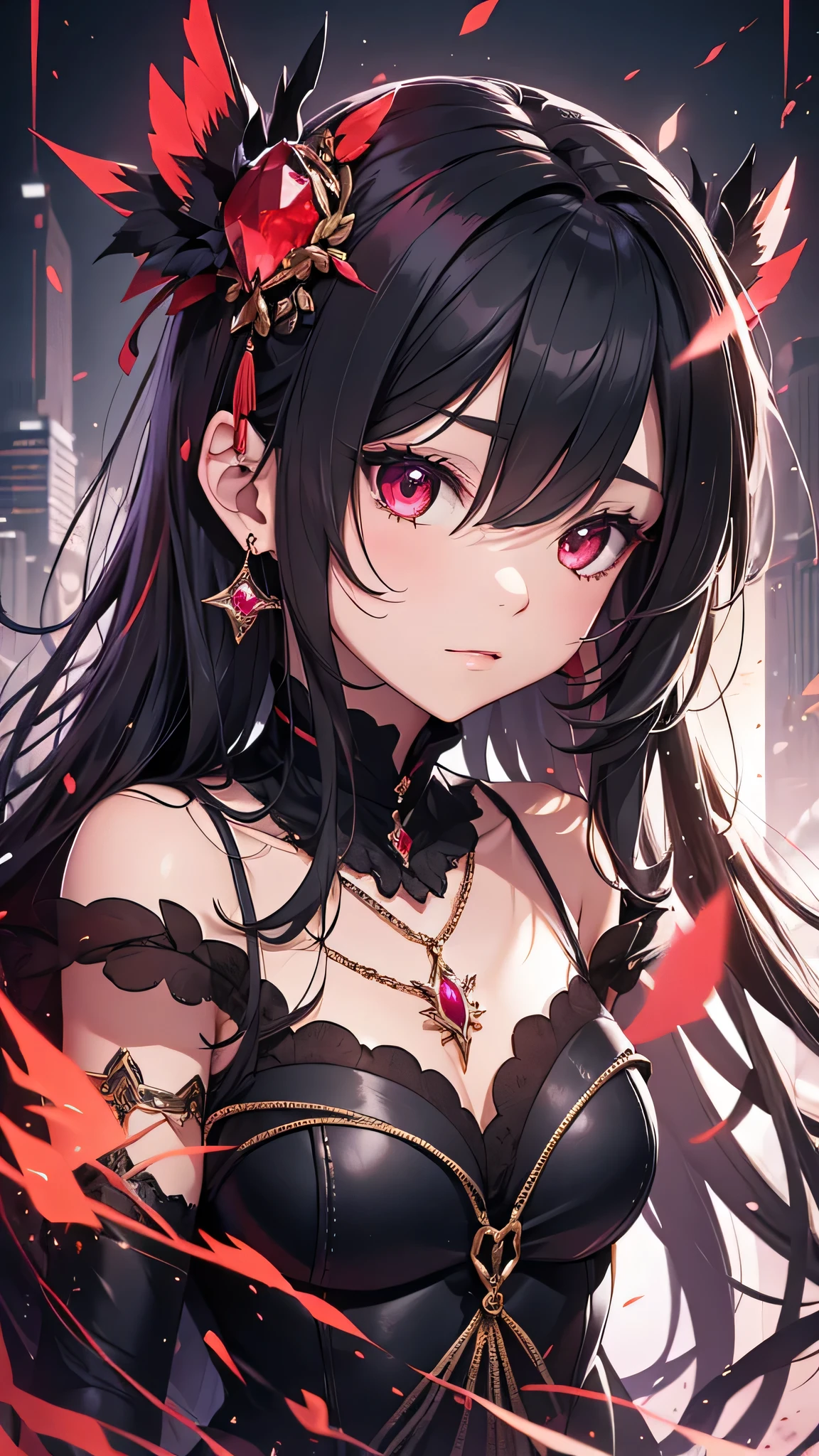 Highest quality、Highest quality、Masterpiece、girl((Metal body,Age 25、as soon as、Highest Bust、Medium Bust、Wide open chest、Red glowing eyes、Black Ear、Red Mesh、Disheveled Hair、Loincloth、thin、The best valley、Open chest、Luminous Wristbands、hair ornaments、Full body view、Black Dress、scar、cell phone、A little muscular、Ruby Necklace、))、high quality、Beautiful Art、background((night、Concert Hall、Black Bird、Black butterfly))、flight、Flying Debris、Depth of text、movie、Visual Arts、Perfect Art、8K、Genuine、