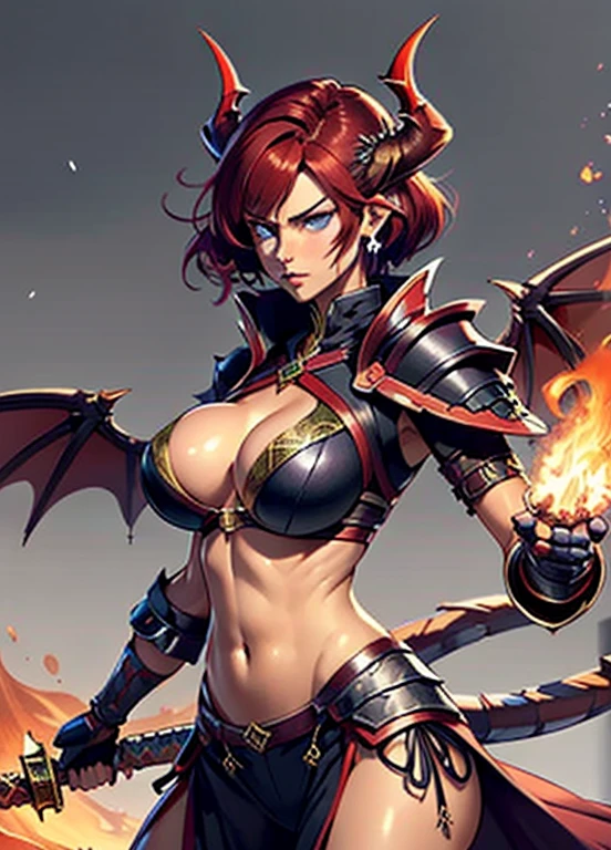 a mystical warrior woman with short red hair, piercing blue eyes, and red dragon-like horns, wings, and tail, wearing intricate dark purple armor with gold plating, wielding a flaming sword and emanating powerful fire magic, disappointed look, dragon tattoo on her stomach, exposed stomach, purple clothes, dragon tattoo, fully covered breast, armor on breast, fully dressed, fully armored, only belly exposed, no exposed skin