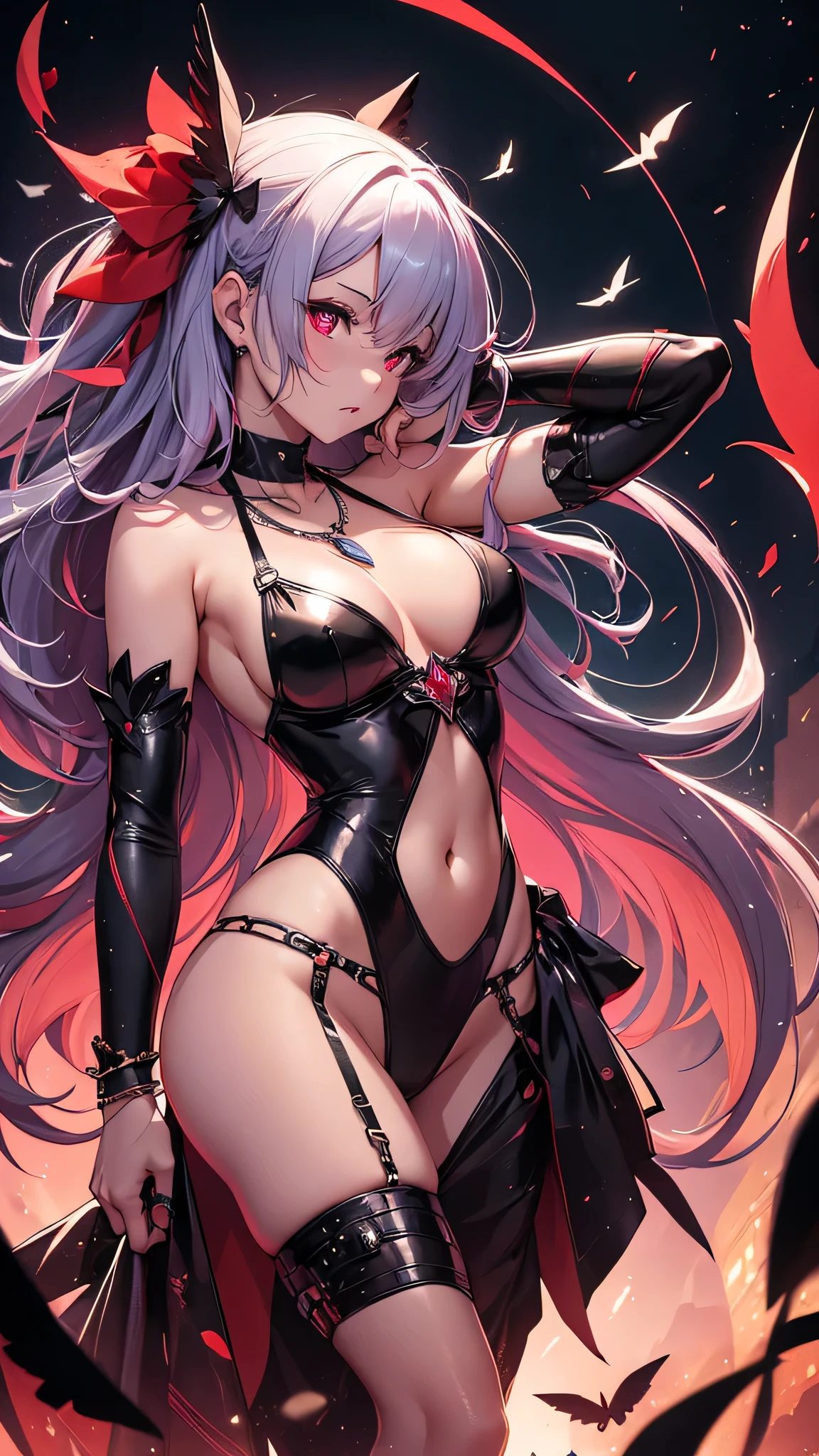 Highest quality、Highest quality、Masterpiece、girl((Metal body,Age 25、as soon as、Highest Bust、Medium Bust、Wide open chest、Red glowing eyes、Black Ear、Red Mesh、Disheveled Hair、Loincloth、thin、The best valley、Open chest、Luminous Wristbands、hair ornaments、Full body view、Black Dress、scar、cell phone、A little muscular、Ruby Necklace、))、high quality、Beautiful Art、background((night、Concert Hall、Black Bird、Black butterfly))、flight、Flying Debris、Depth of text、movie、Visual Arts、Perfect Art、8K、Genuine、