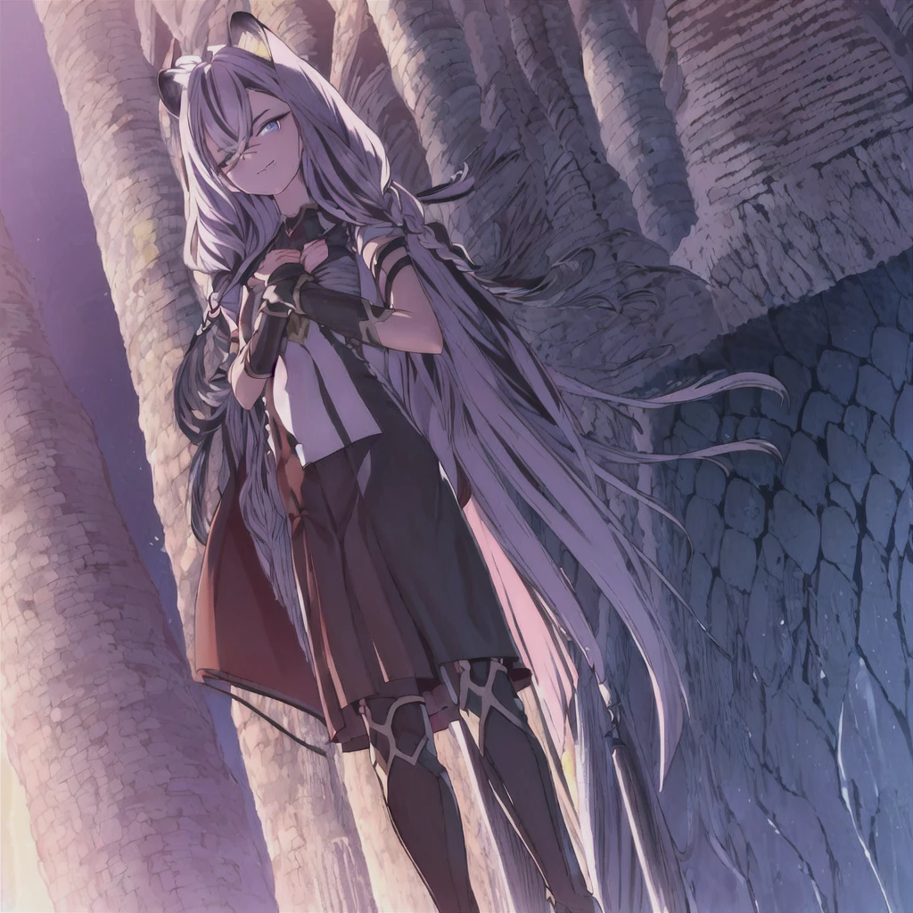 ((masterpiece)), (best quality), (ultra-detailed), photorealistic, (best illustration), ((an extremely delicate and beautiful)), 1woman, solo, long hair, tiger ears, [:tiger tail under:0.2], white hair, two-tone hair, feet out of frame, shining armor, (Alternative outfit:1), long gorgeous cape, cross-laced, standing, evil purple eyes, black colored armor, sharp formed shoulders, detailed scenery, cyberspace background, low twin braids, twin braids, hair ornament, bracelet, (crossed hands:0.9), looking at viewer, glowing in darkness eyes, wide malicious smile, purple Eyes glow, big breasts. 