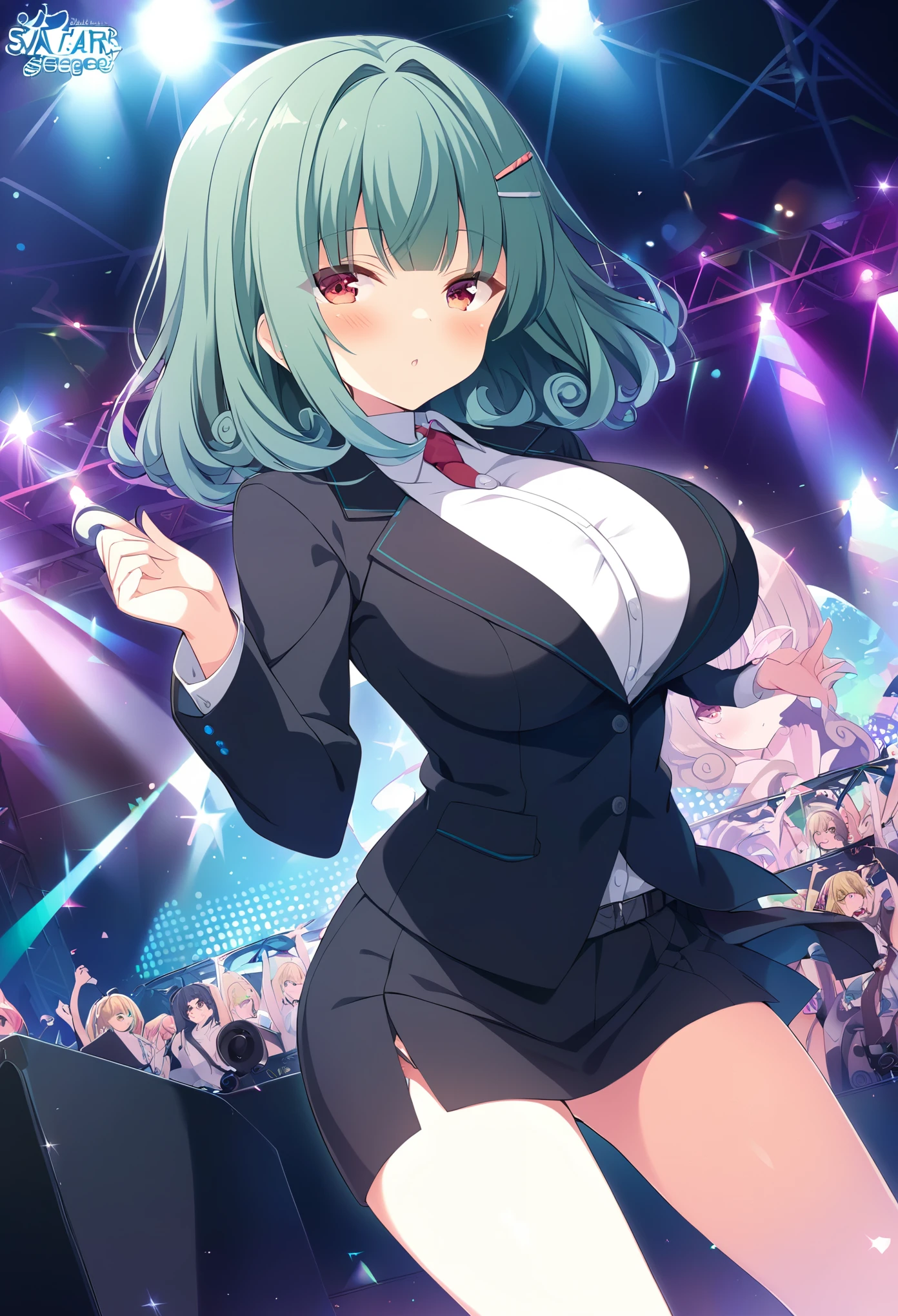 SHINOMIYARISA, GREEN HAIR, HAIR INTAKES, BLUNT BANGS, HAIRCLIP, CURLY HAIR, MEDIUM HAIR, RED EYES,, large breasts, live stage,, business suit