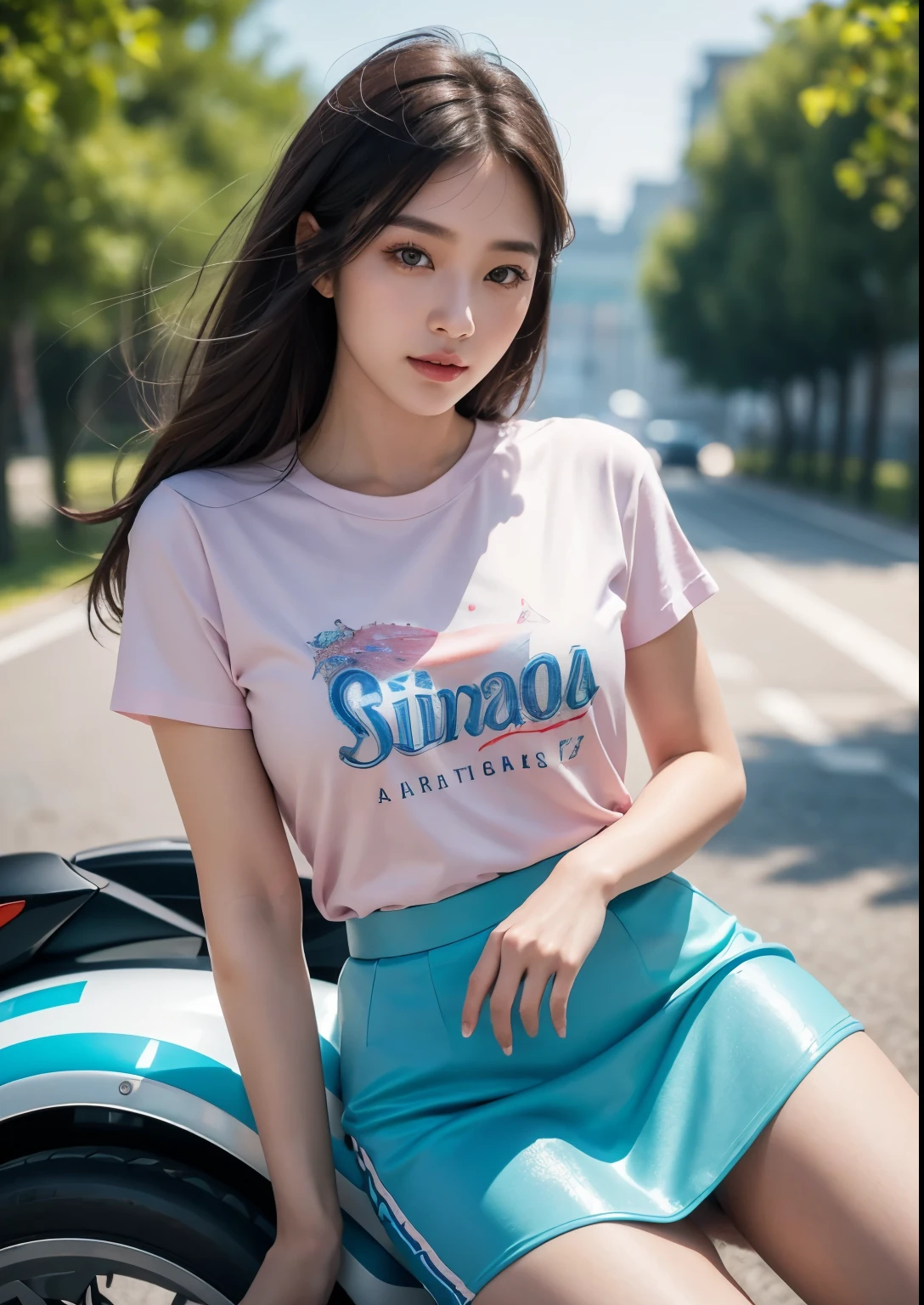 a beautiful korean girl,1girl,beautiful detailed eyes,beautiful detailed lips,extremely detailed eyes and face,long eyelashes,riding a pink 2000 MV Agusta F1 race bike,silky glitter cyan t-shirt,tight above knee length skirt,f1 race,photorealistic,best quality,4k,8k,highres,masterpiece:1.2,ultra-detailed,realistic,photorealistic:1.37,HDR,UHD,studio lighting,ultra-fine painting,sharp focus,physically-based rendering,extreme detail description,professional,vivid colors,bokeh,concept art