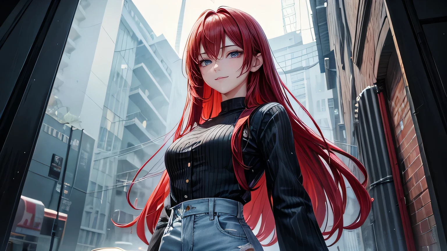 A gentle smile、woman、Beautiful long red hair,Fashionable hairstyle,Stylish cute clothes,Ripped jeans,Clothes that are wet from the rain and slightly transparent,Wet Hair,rain,Weather,Ultra-high resolution, Accurate, Super detailed, Textured skin, High detail, highest quality, 8k, Detailed Hair,Detailed eyes,Focus on the face,Depict the figure from the waist up,