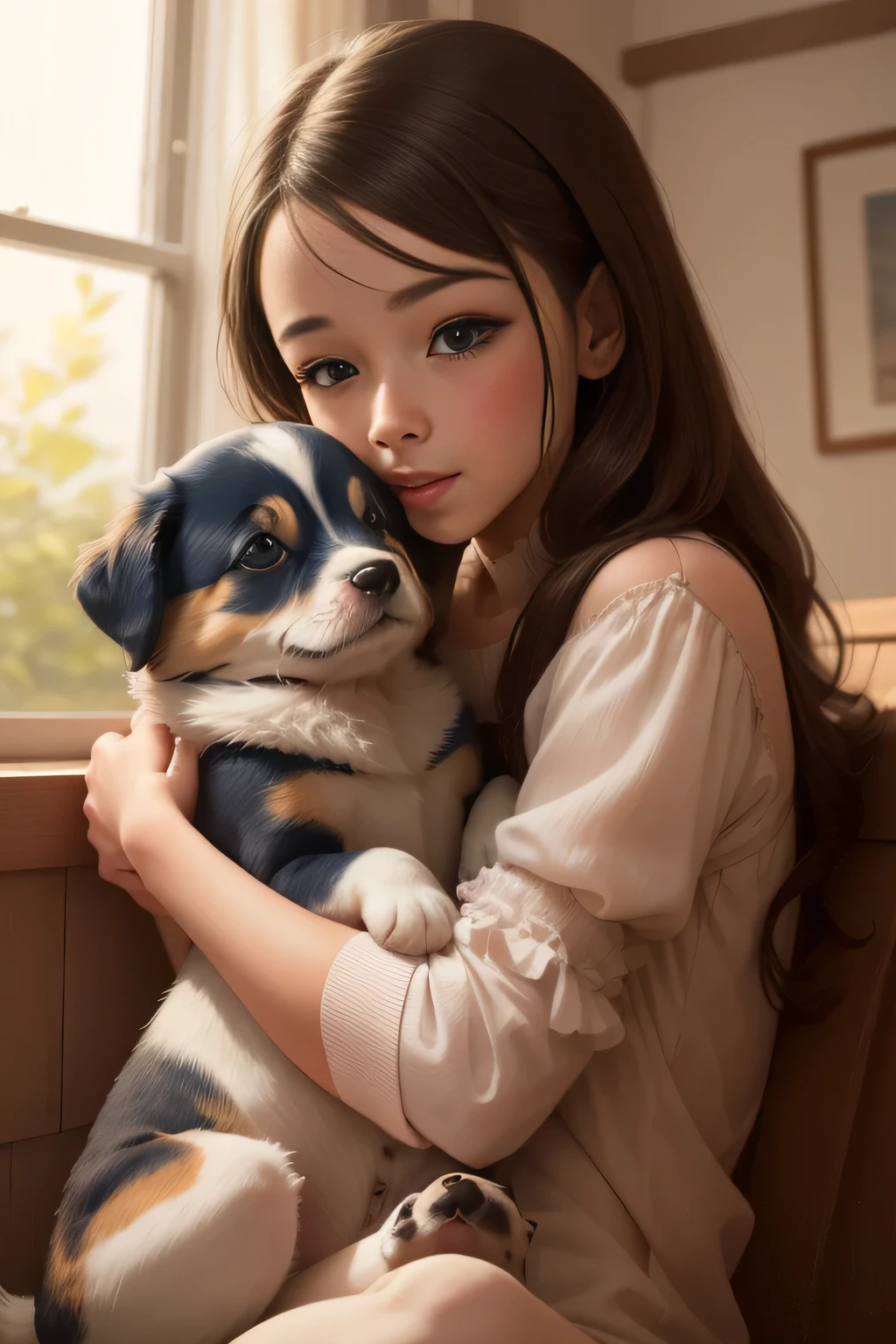 Girl kisses puppy on the forehead