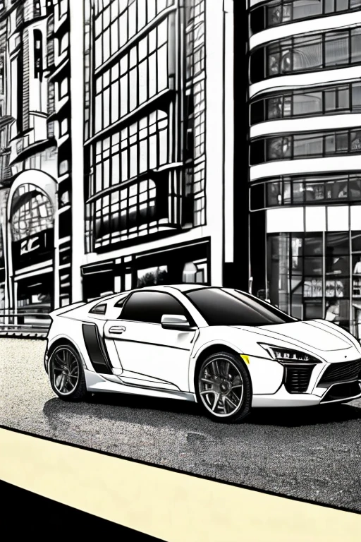 imagine "Design a stylish city car inspired by modern architecture and urban fashion. Incorporate sleek lines, minimalist details, and a bold color scheme reminiscent of the cityscape. Picture the car navigating through downtown streets, with skyscrapers reflecting in its glossy finish." without colors white baground for coloring book
