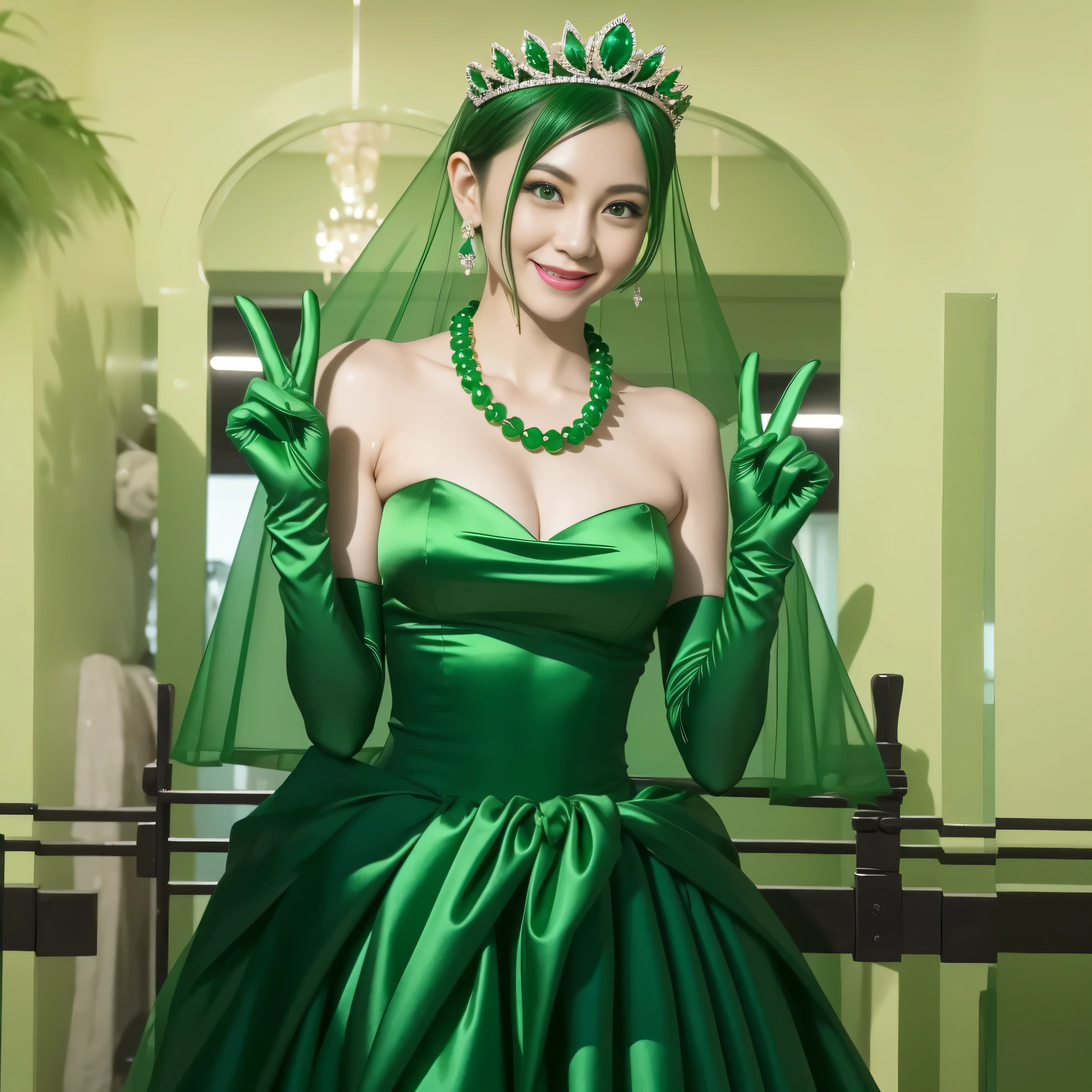 Emerald tiara, Green Pearl Necklace, Boyish very short green hair, lipstick, Smiling Japanese woman, Very short hair, Big and beautiful, Green Eyes, Long green satin gloves, Green Eyes, V sign, Emerald Earrings, Green veil