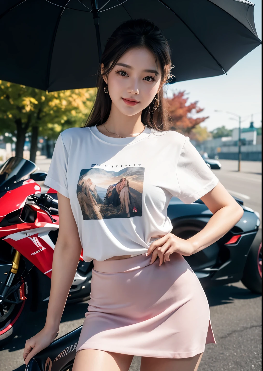 a beautiful korean girl,1girl,beautiful detailed eyes,beautiful detailed lips,extremely detailed eyes and face,long eyelashes,riding a pink 2000 MV Agusta F1 race bike,silky glitter cyan t-shirt,tight above knee length skirt,standing,f1 race,photorealistic,best quality,4k,8k,highres,masterpiece:1.2,ultra-detailed,realistic,photorealistic:1.37,HDR,UHD,studio lighting,ultra-fine painting,sharp focus,physically-based rendering,extreme detail description,professional,vivid colors,concept art,stylish poses, stylish look, smile, (rose on hand), (standing), bright skin, Autumn, clear face, realistic skin, realistic face, Realistic smile, tempting eyes, Cute, cinematic composition, highly detailed, detailed beautiful face with striking eyes and lips, intricate details, professional photography,