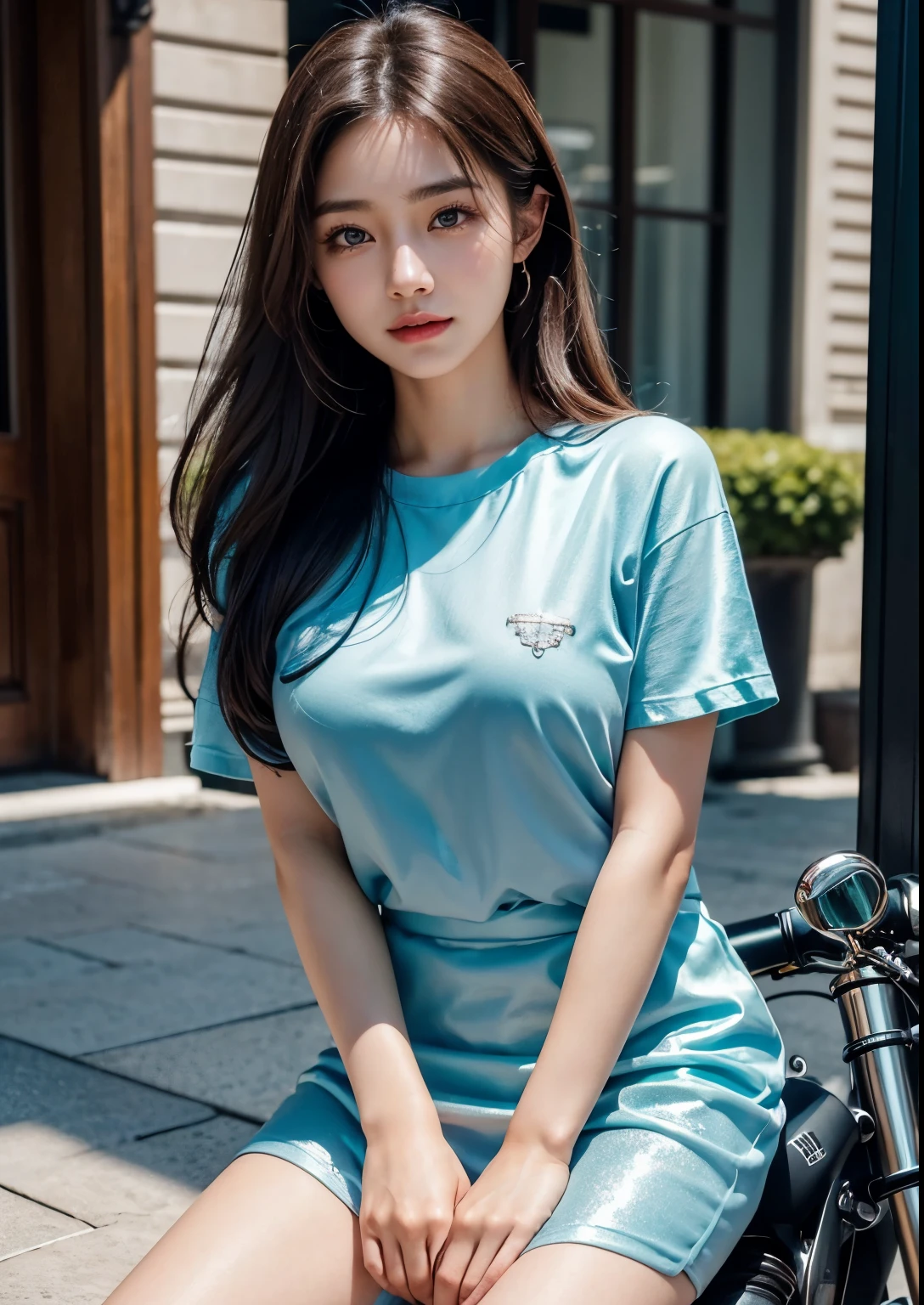 a beautiful korean girl,1girl,beautiful detailed eyes,beautiful detailed lips,extremely detailed eyes and face,long eyelashes,riding a pink 2000 MV Agusta F1 race bike,(silky glitter cyan colour t-shirt), tight above knee length skirt,standing,f1 race,photorealistic,best quality,4k,8k,highres,masterpiece:1.2,ultra-detailed,realistic,photorealistic:1.37,HDR,UHD,studio lighting,ultra-fine painting,sharp focus,physically-based rendering,extreme detail description,professional,vivid colors,concept art,stylish poses, stylish look, smile, (rose on hand), (standing), bright skin, Autumn, clear face, realistic skin, realistic face, Realistic smile, tempting eyes, Cute, cinematic composition, highly detailed, detailed beautiful face with striking eyes and lips, intricate details, professional photography, upper body shot