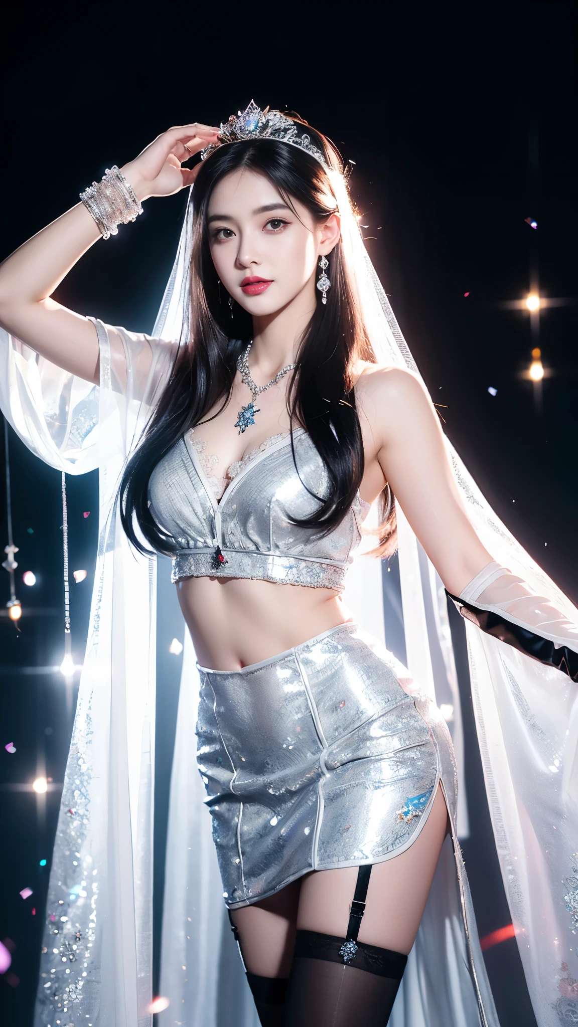 4K, UHD, masterpeice, 1 girl, good face, happy face, ((white skin)), detailed eyes, detailed lipstick, very long hair, straight hair, very long hair, beautiful hair, hair ornaments, hairband, gradient hair, ((black stocking)), ((princess clothing)), ((decorated clothing)), ((black sardine)), ((sparkle clothing)), ((black lace)), ((diamond bracelet)), ((pendant)), ornaments, necklace, earring, high lighting, ((in the wedding stage)), fujicolor, depth of field, ray tracing, ultra realistic detailes, standing with the wall,