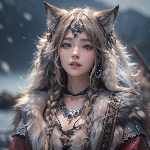 Lakeside surrounded by snowy mountains、Hair flow、 ((highest quality、masterpiece、8k、Best image quality、Ultra-high resolution、Award-winning works)、(Accurate anatomy:1.1)、(Look at me and smile:1.1)、Shining fair skin with Ultra-high resolution、The most detailed face、Ultra-high resolution detailed face、Ultra-high resolutionの髪の毛、(Ultra-high resolutionの煌めく瞳:1.1)、Beautiful face drawn in every detail、Ancient Viking clothing, Chest to chest, tattoo, A real wolf is by your side
