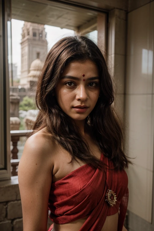 photography of a 20yo woman, perfect face, masterpiece, big , red_saree,indian temple,small bindi in face
 